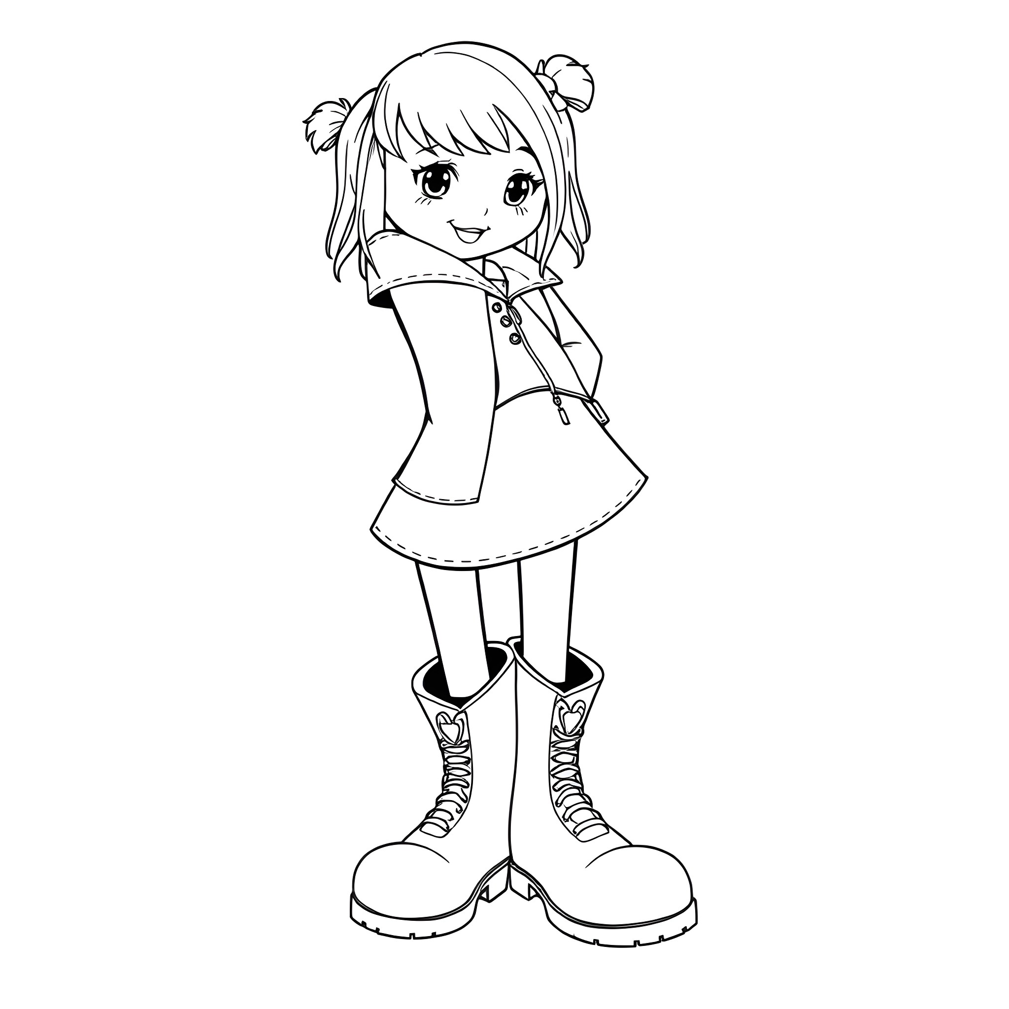 Girl with pigtails in casual outfit Coloring Page (free black-and-white line drawing printable PDF for all, from beginners to advanced learners, including children, teens, adults, and seniors)