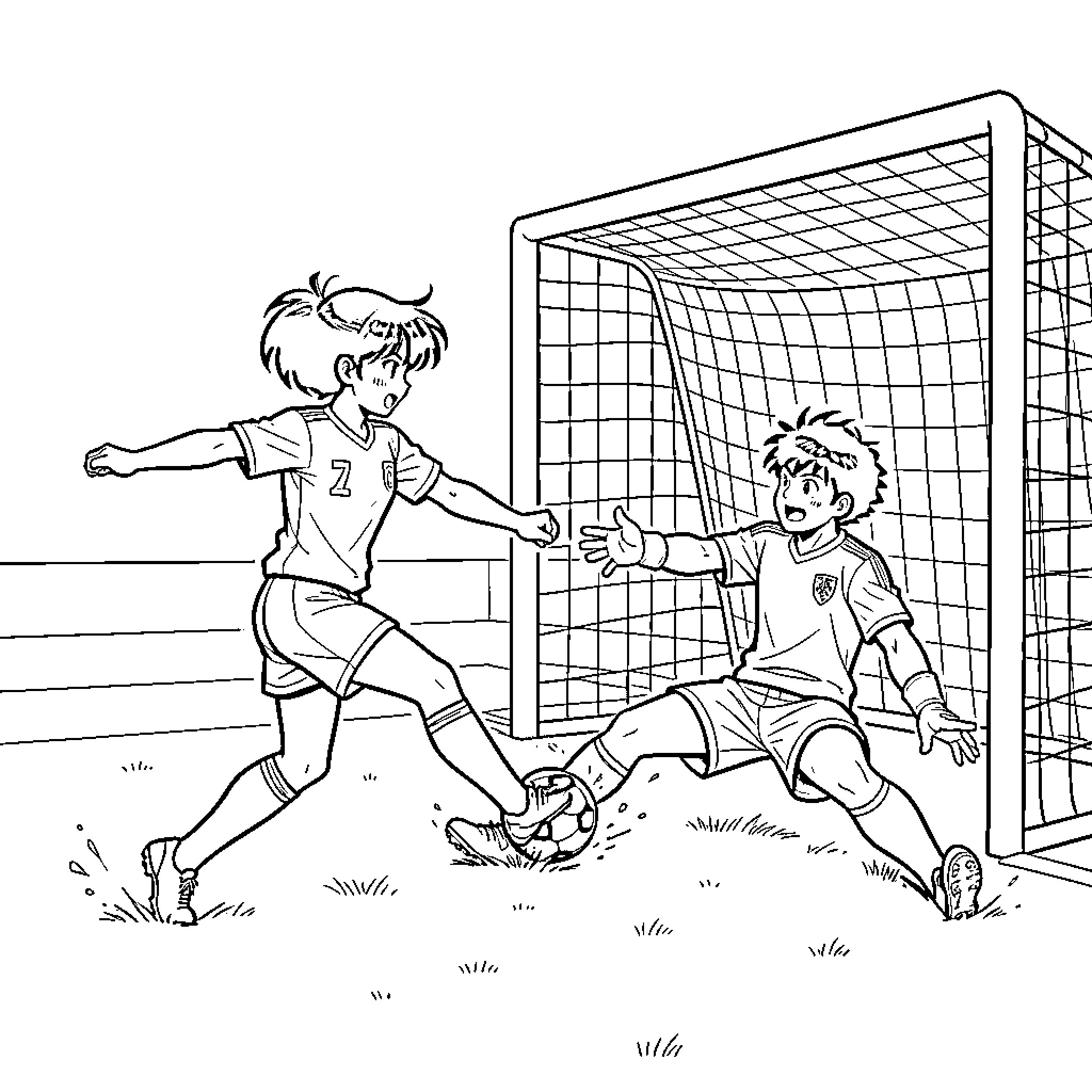 Tsubasa Ozora playing soccer with teammates in a game Coloring Page (free black-and-white line drawing printable PDF for all, from beginners to advanced learners, including children, teens, adults, and seniors)