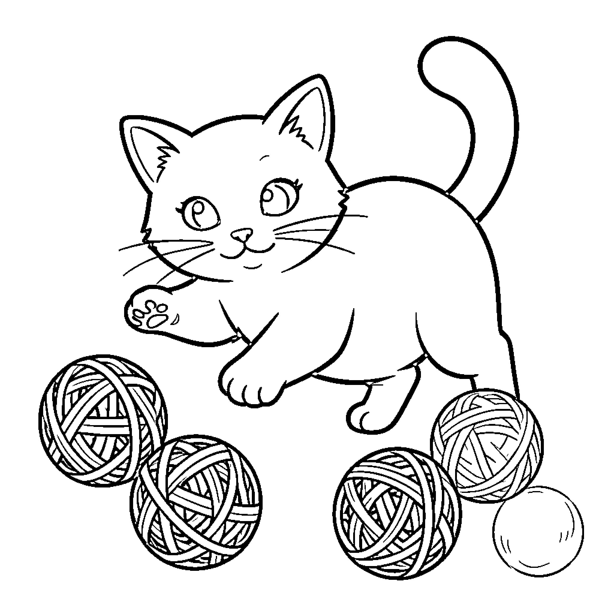 Cat playing with yarn balls Coloring Page (free black-and-white line drawing printable PDF for all, from beginners to advanced learners, including children, teens, adults, and seniors)