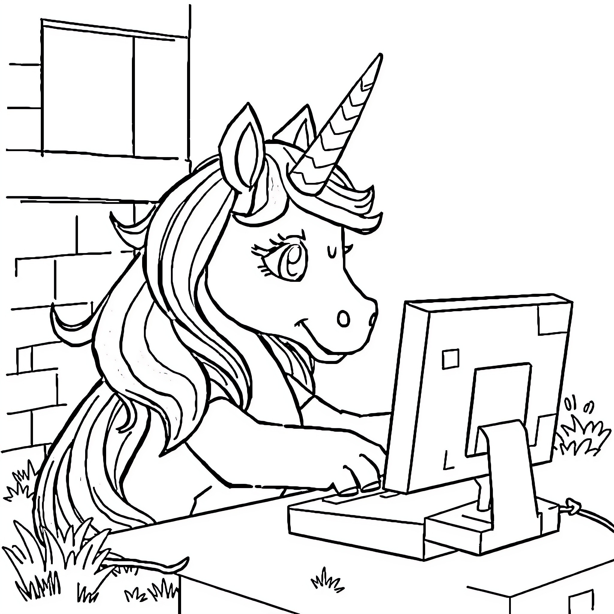 Unicorn using a computer in a room Coloring Page (free black-and-white line drawing printable PDF for all, from beginners to advanced learners, including children, teens, adults, and seniors)