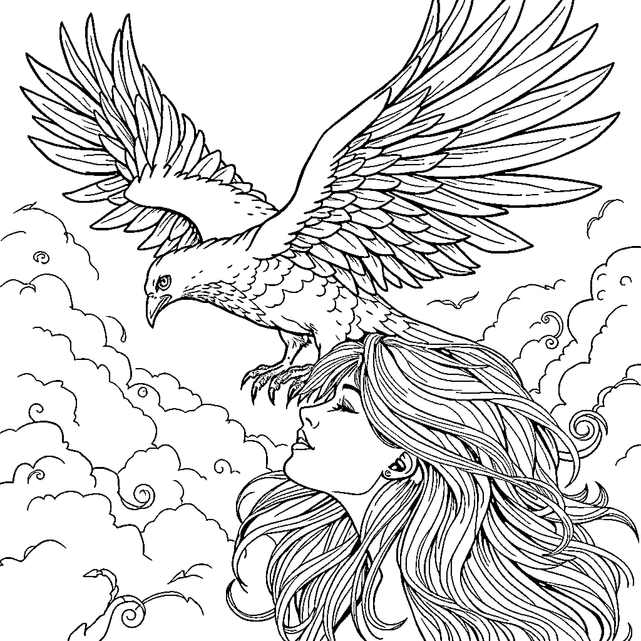 Phoenix soaring in the cloudy sky Coloring Page (free black-and-white line drawing printable PDF for all, from beginners to advanced learners, including children, teens, adults, and seniors)