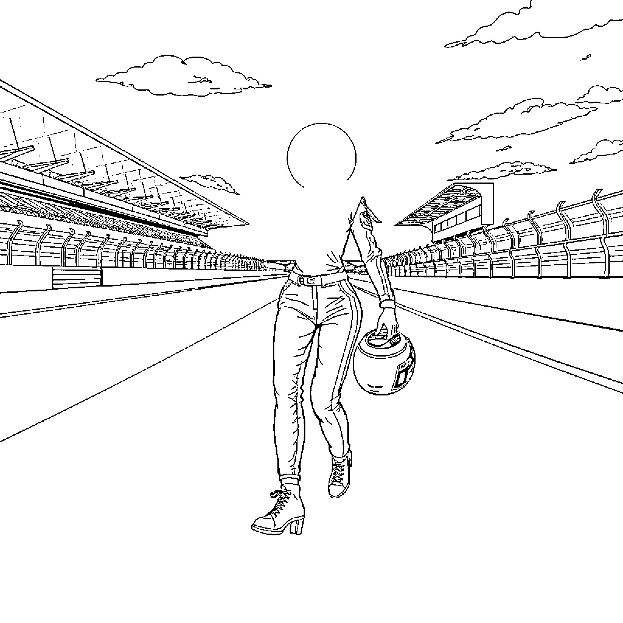 Racing Girl Walks Alone on Track at Sunset Coloring Page (free black-and-white line drawing printable PDF for all, from beginners to advanced learners, including children, teens, adults, and seniors)