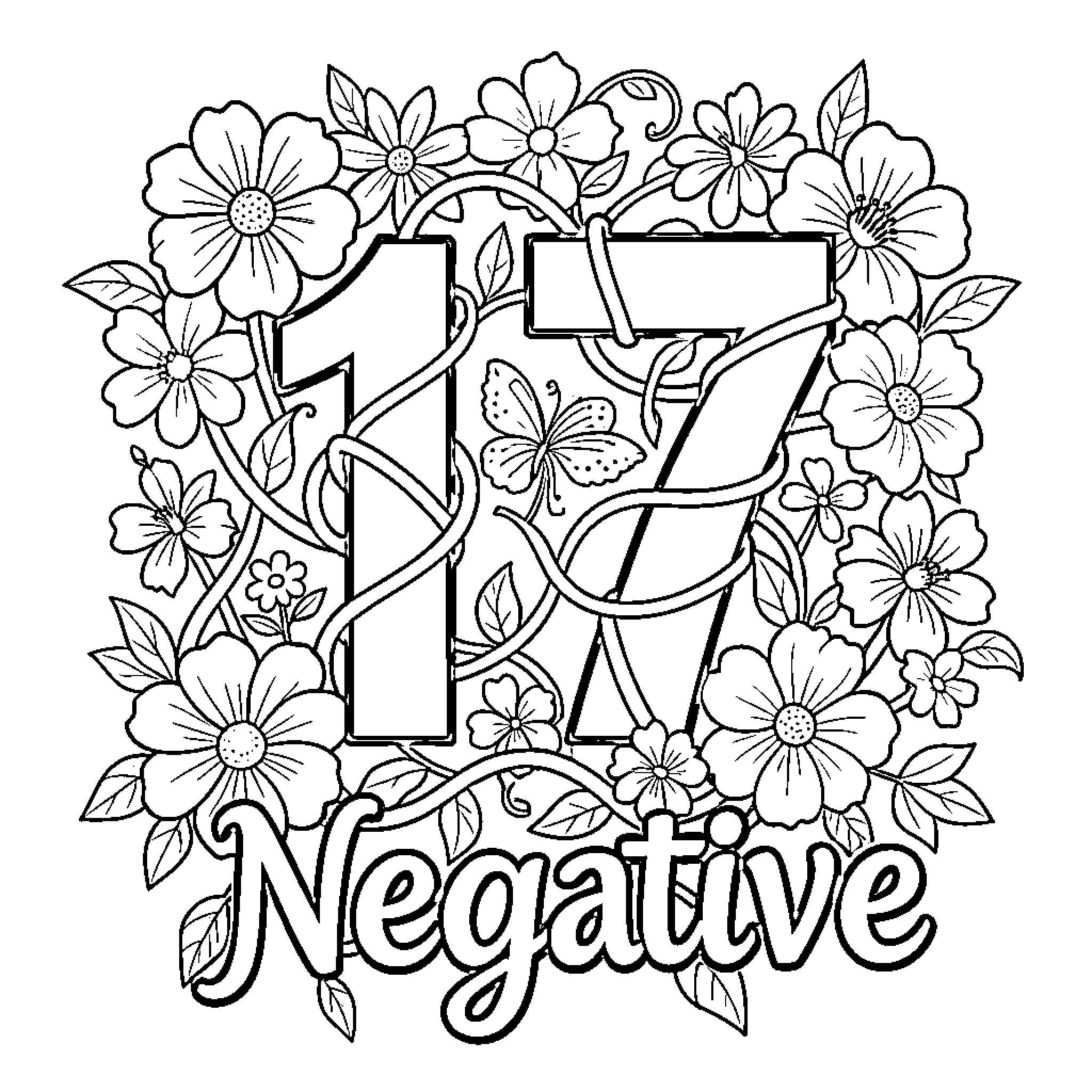 Flower artwork featuring text and floral elements Coloring Page (free black-and-white line drawing printable PDF for all, from beginners to advanced learners, including children, teens, adults, and seniors)