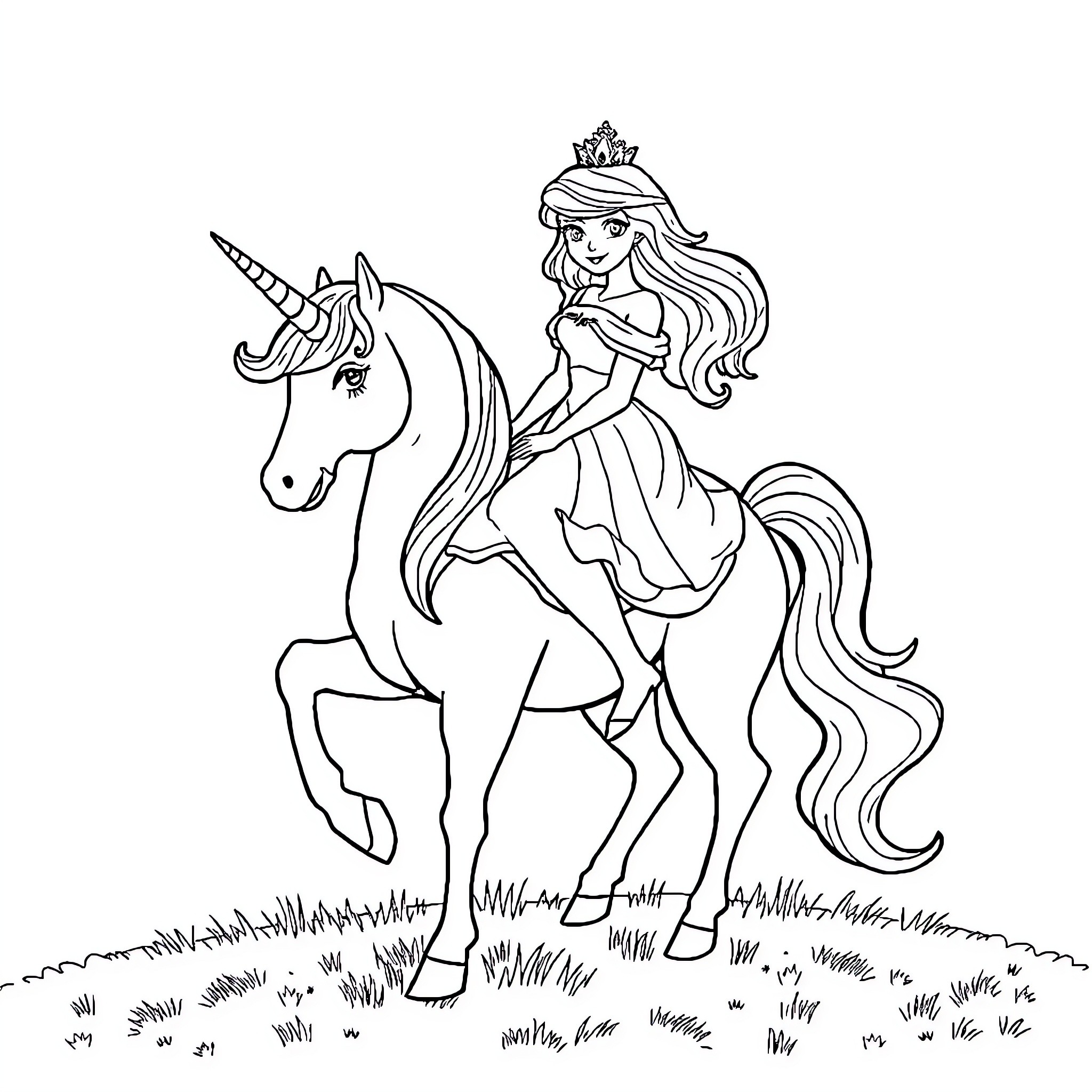 Princess riding a magical unicorn in the meadow Coloring Page (free black-and-white line drawing printable PDF for all, from beginners to advanced learners, including children, teens, adults, and seniors)