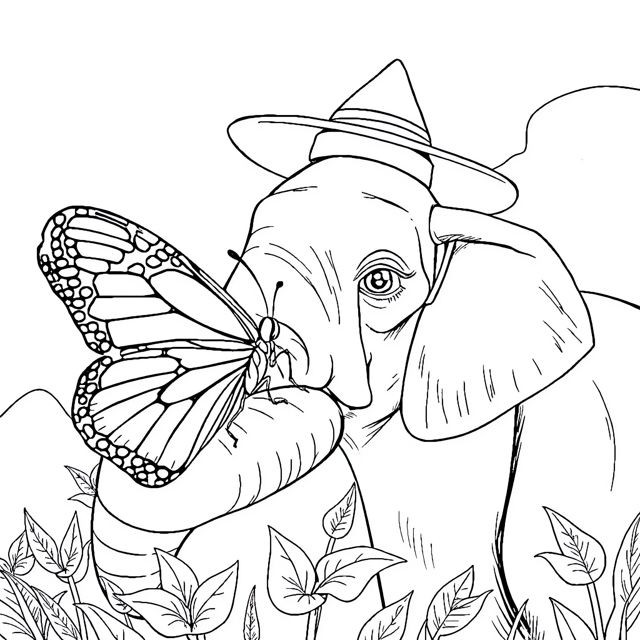 Elephant with butterfly in nature scene Coloring Page (free black-and-white line drawing printable PDF for all, from beginners to advanced learners, including children, teens, adults, and seniors)