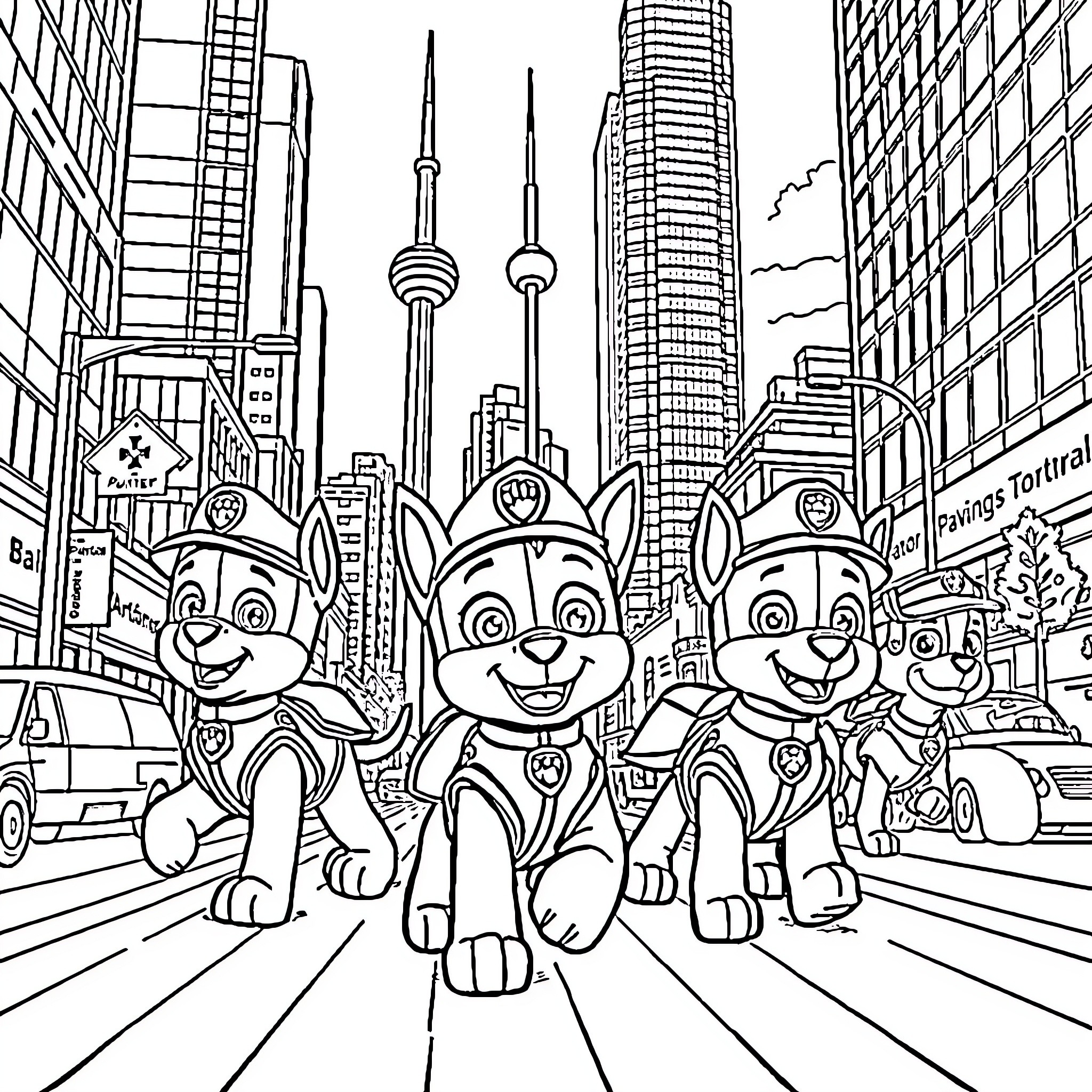Paw Patrol Rescue Team in the City Coloring Page (free black-and-white line drawing printable PDF for all, from beginners to advanced learners, including children, teens, adults, and seniors)