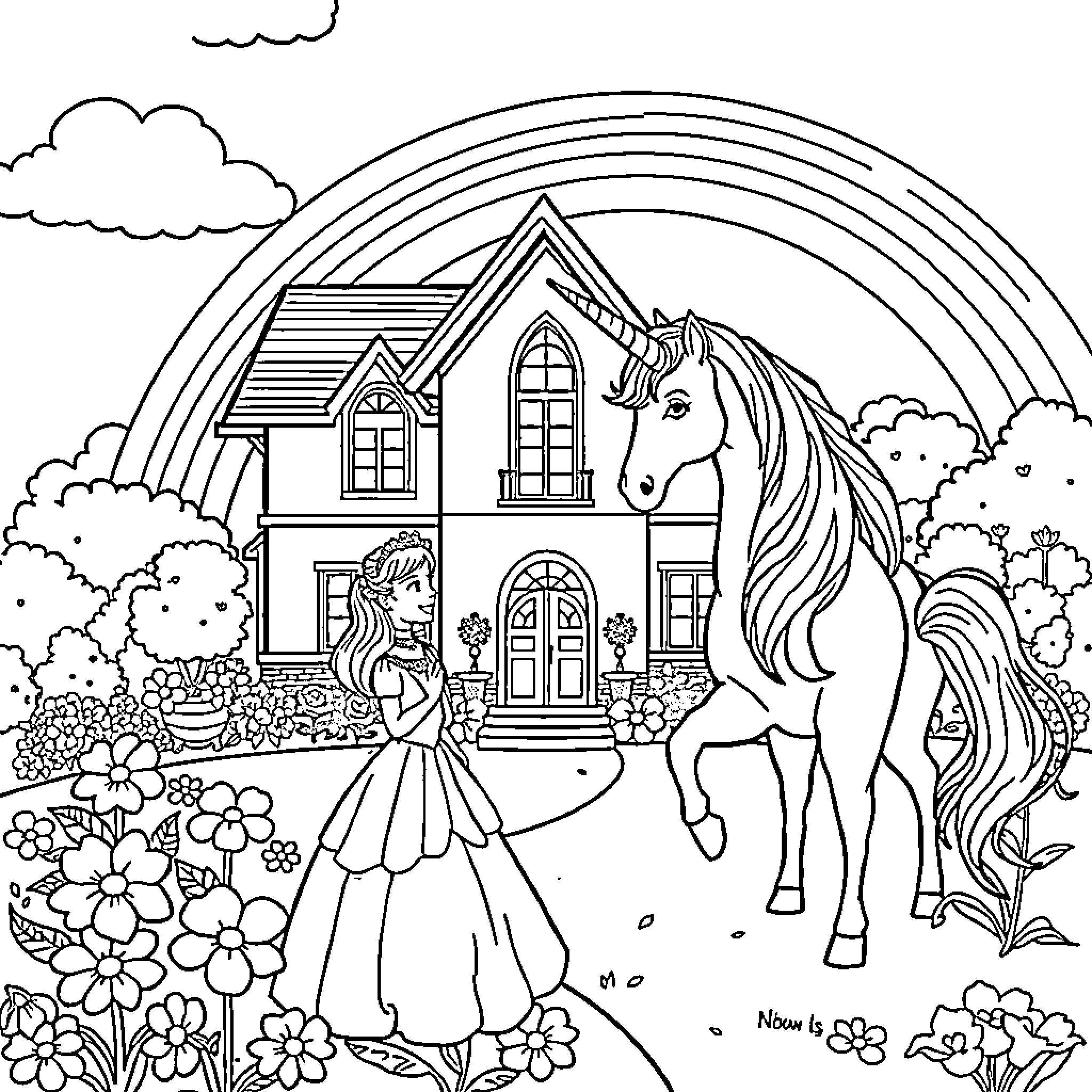 Princess in Magical Fairytale Scene with Unicorn Coloring Page (free black-and-white line drawing printable PDF for all, from beginners to advanced learners, including children, teens, adults, and seniors)