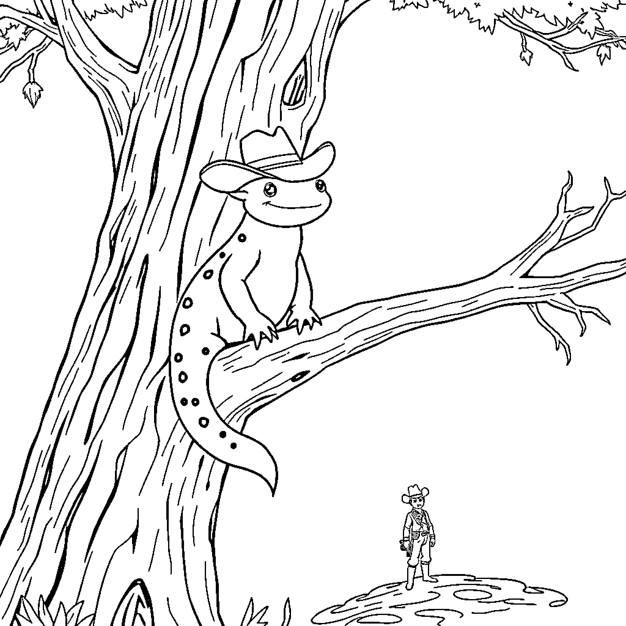 Axolotl Wearing a Cowboy Hat in a Whimsical Forest Coloring Page (free black-and-white line drawing printable PDF for all, from beginners to advanced learners, including children, teens, adults, and seniors)
