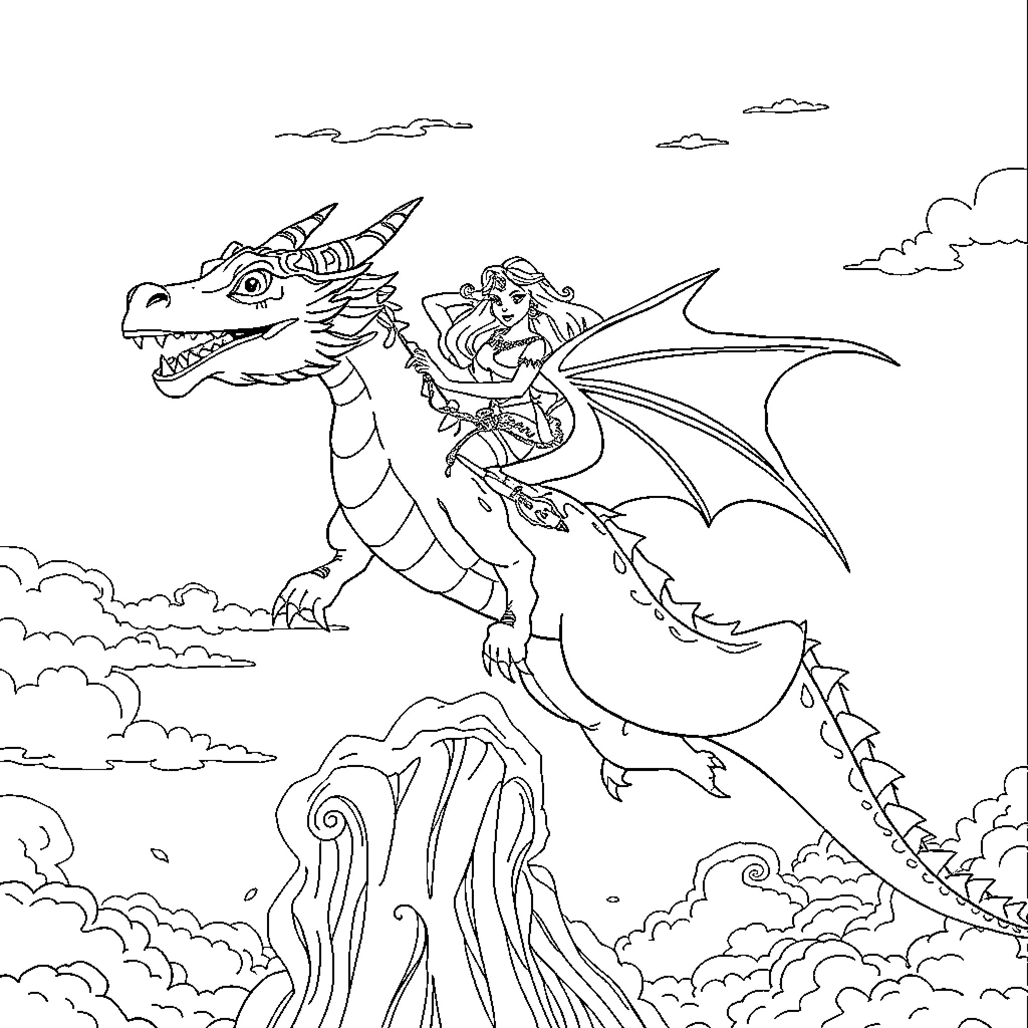 Vaiana riding a dragon through the clouds Coloring Page (free black-and-white line drawing printable PDF for all, from beginners to advanced learners, including children, teens, adults, and seniors)