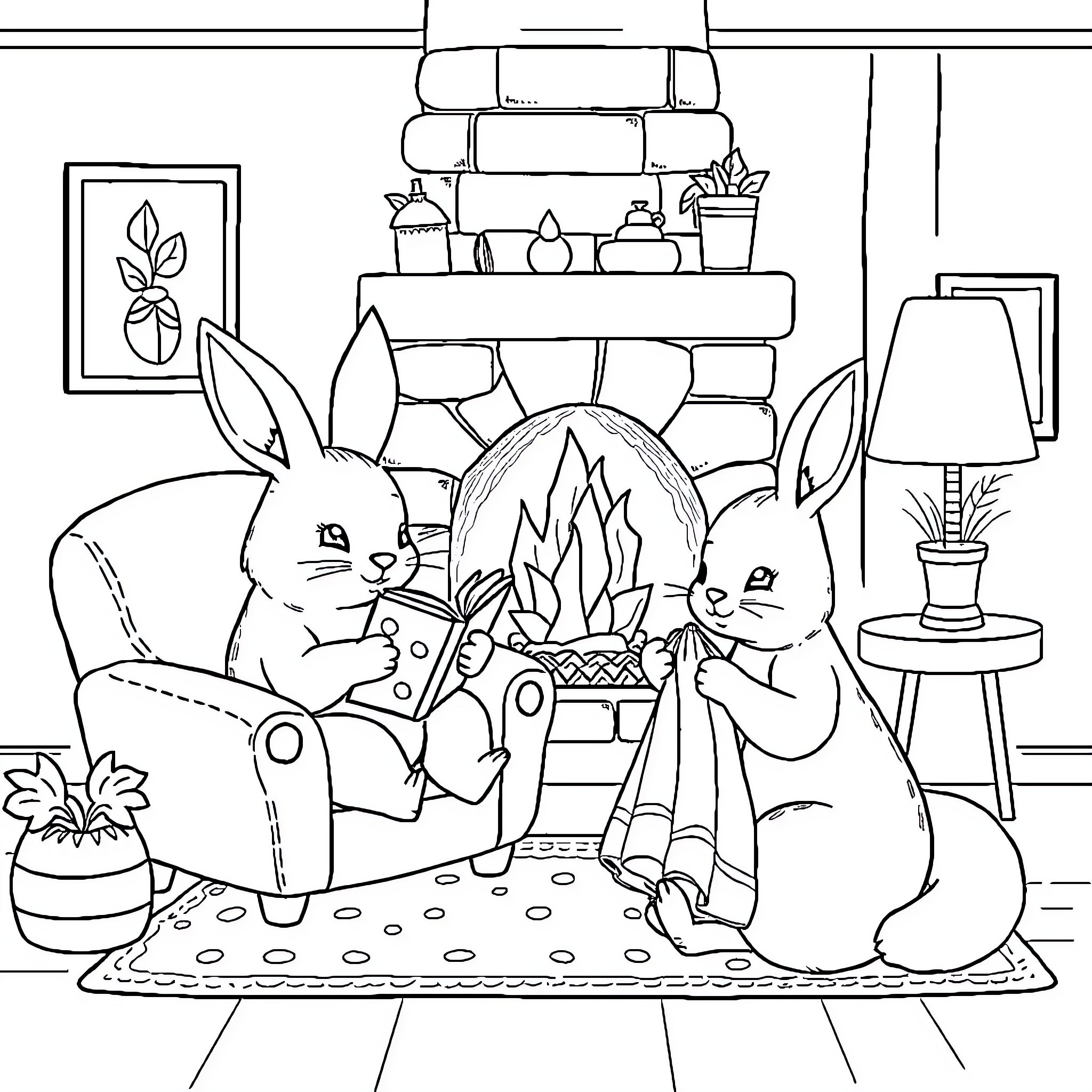 Conejo rabbits relaxing by the fireplace Coloring Page (free black-and-white line drawing printable PDF for all, from beginners to advanced learners, including children, teens, adults, and seniors)