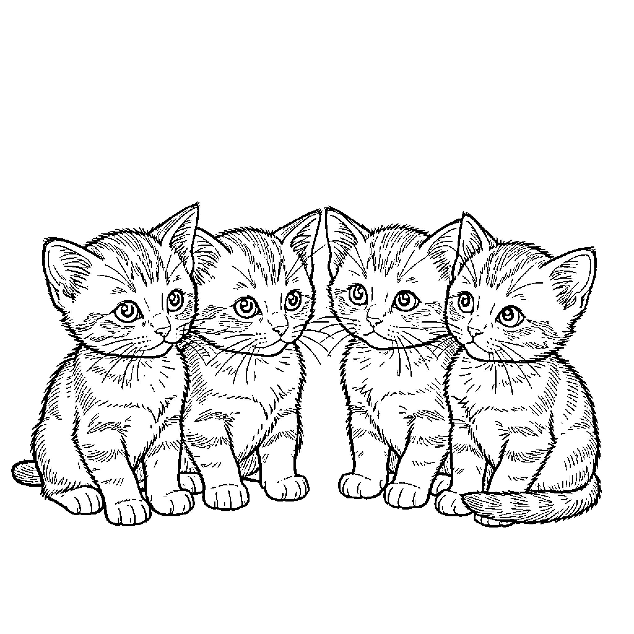 Kitten siblings sitting together in a row Coloring Page (free black-and-white line drawing printable PDF for all, from beginners to advanced learners, including children, teens, adults, and seniors)