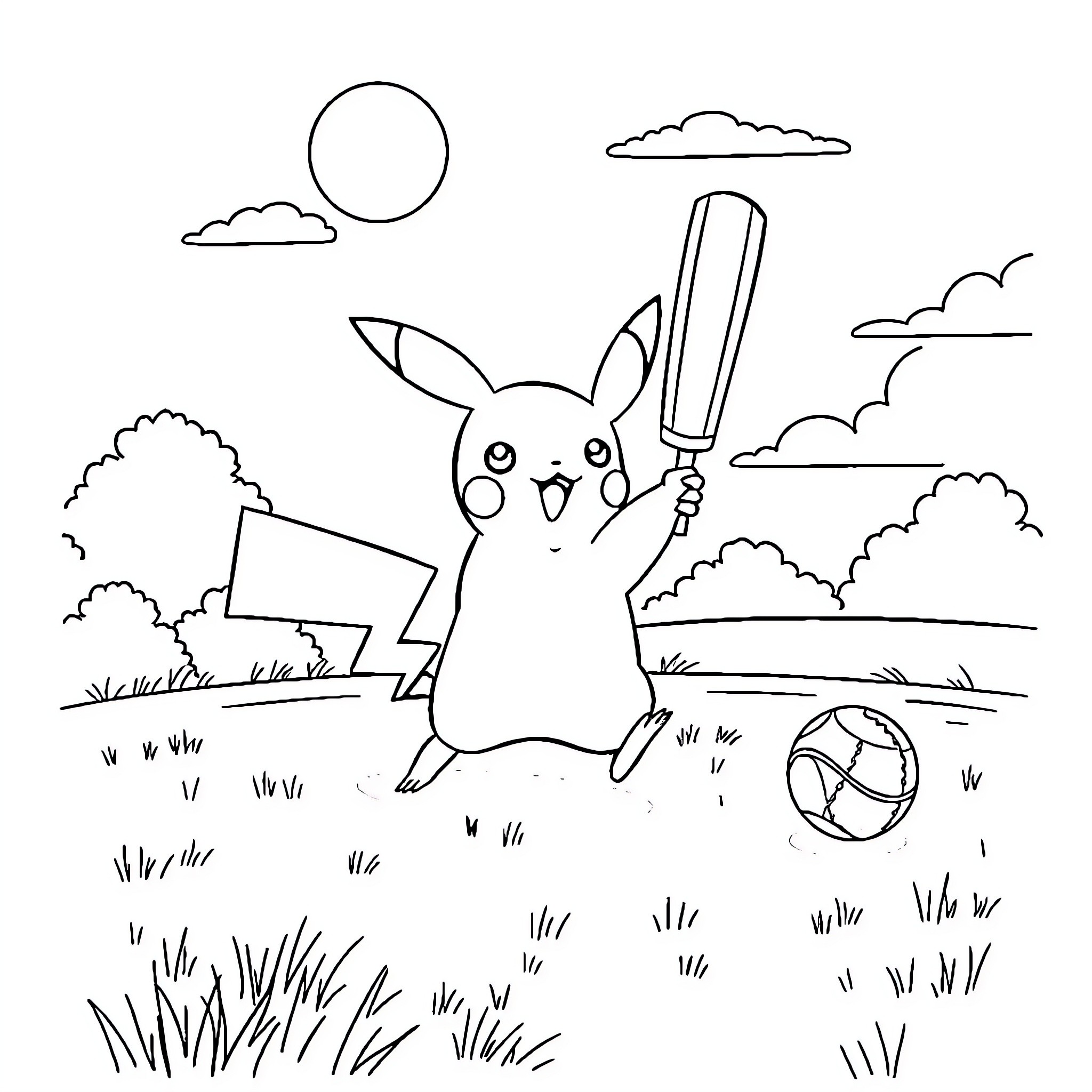 Pikachu playing outdoors with a baseball bat Coloring Page (free black-and-white line drawing printable PDF for all, from beginners to advanced learners, including children, teens, adults, and seniors)