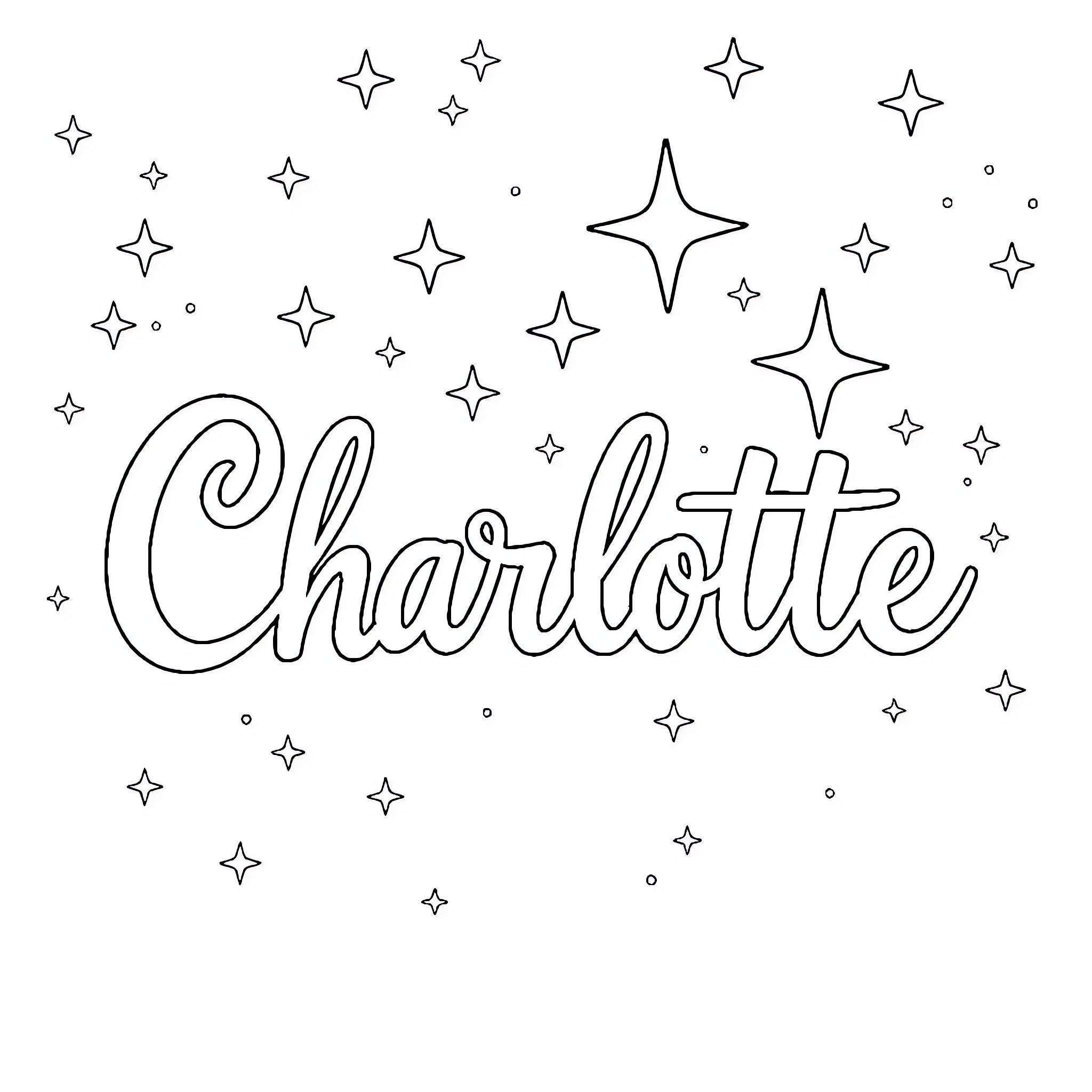 Charlotte's Starry Night Adventure Coloring Page (free black-and-white line drawing printable PDF for all, from beginners to advanced learners, including children, teens, adults, and seniors)