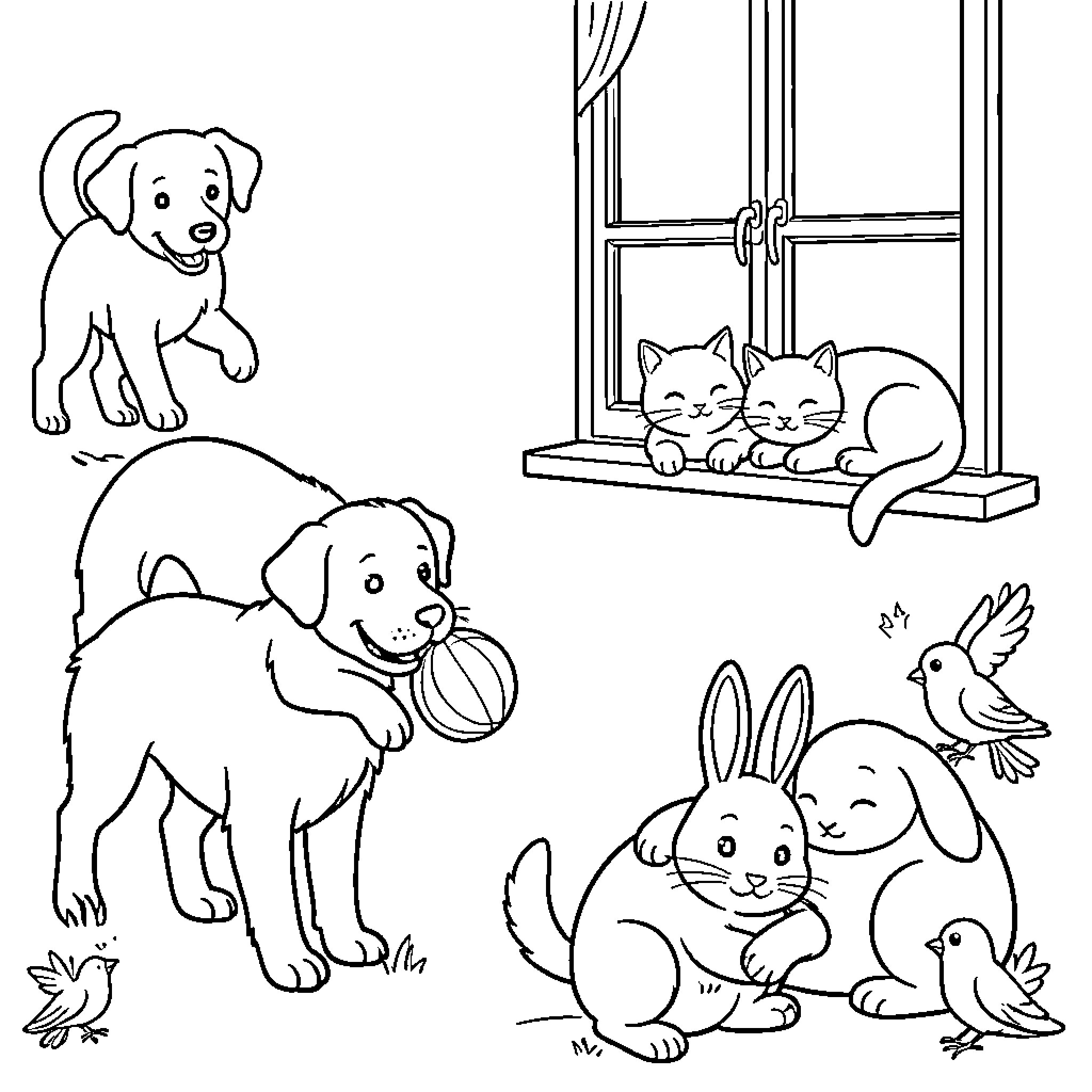 Pet animals playing together in a cozy home scene Coloring Page (free black-and-white line drawing printable PDF for all, from beginners to advanced learners, including children, teens, adults, and seniors)