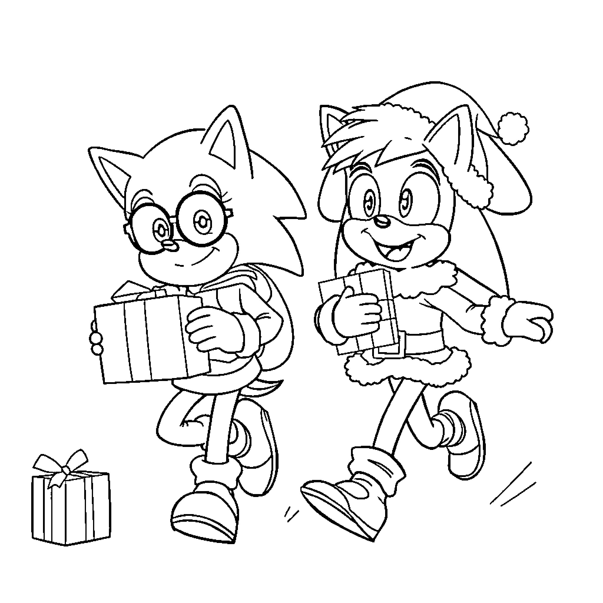 Boy and Cat Exchanging Gifts Coloring Page (free black-and-white line drawing printable PDF for all, from beginners to advanced learners, including children, teens, adults, and seniors)