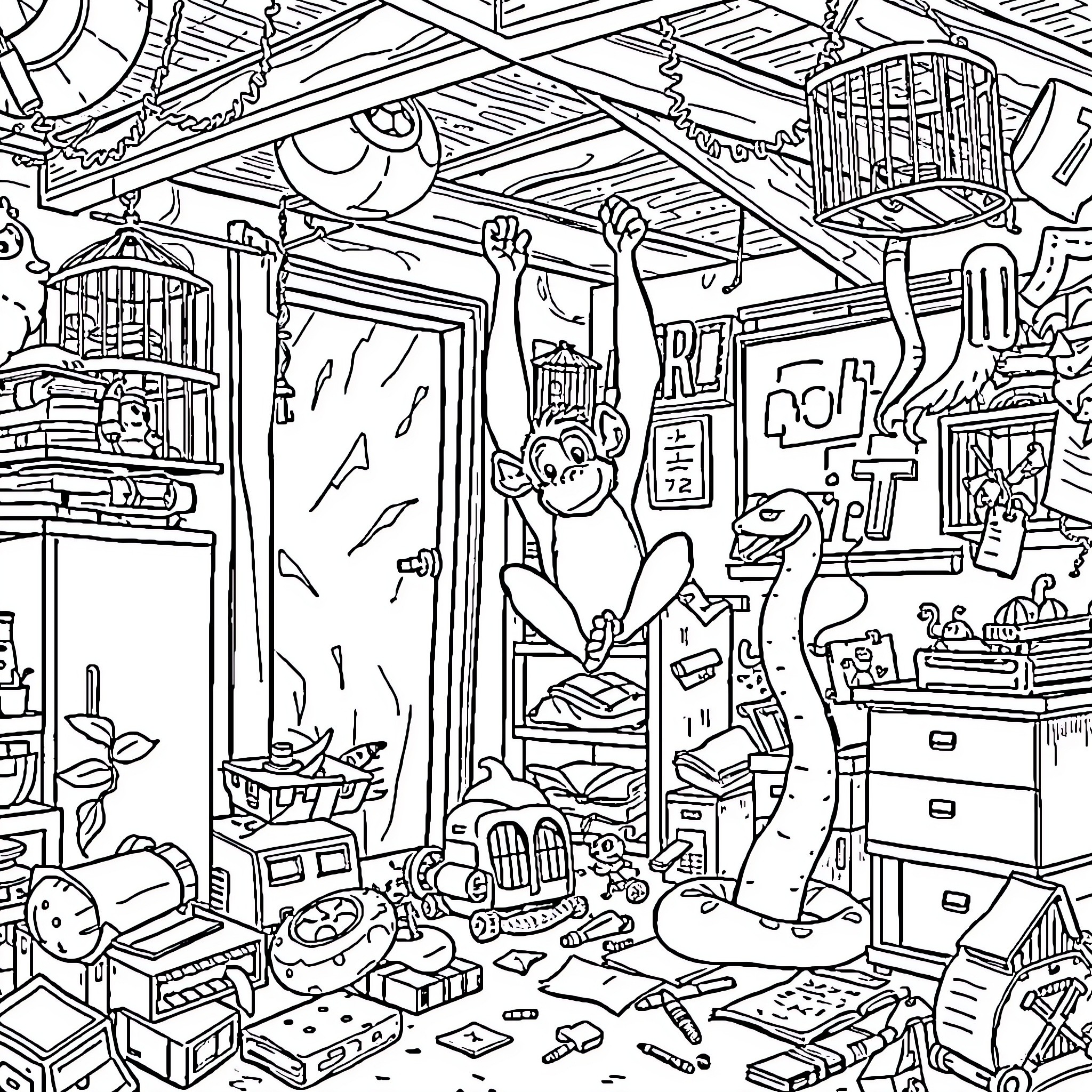 Monkey engaged in whimsical activities in a cluttered room Coloring Page (free black-and-white line drawing printable PDF for all, from beginners to advanced learners, including children, teens, adults, and seniors)