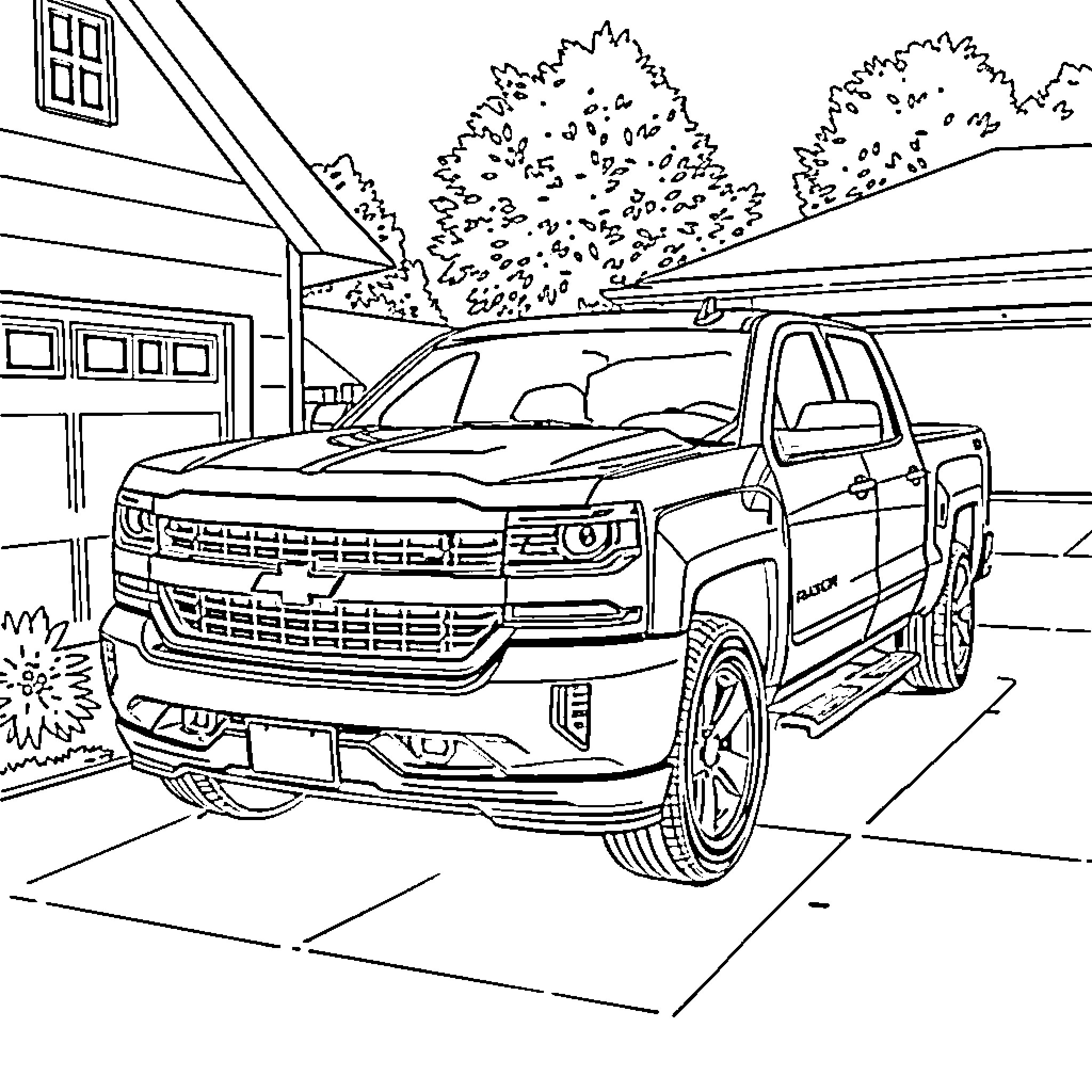 Chevrolet Silverado pickup truck parked in front of a house Coloring Page (free black-and-white line drawing printable PDF for all, from beginners to advanced learners, including children, teens, adults, and seniors)