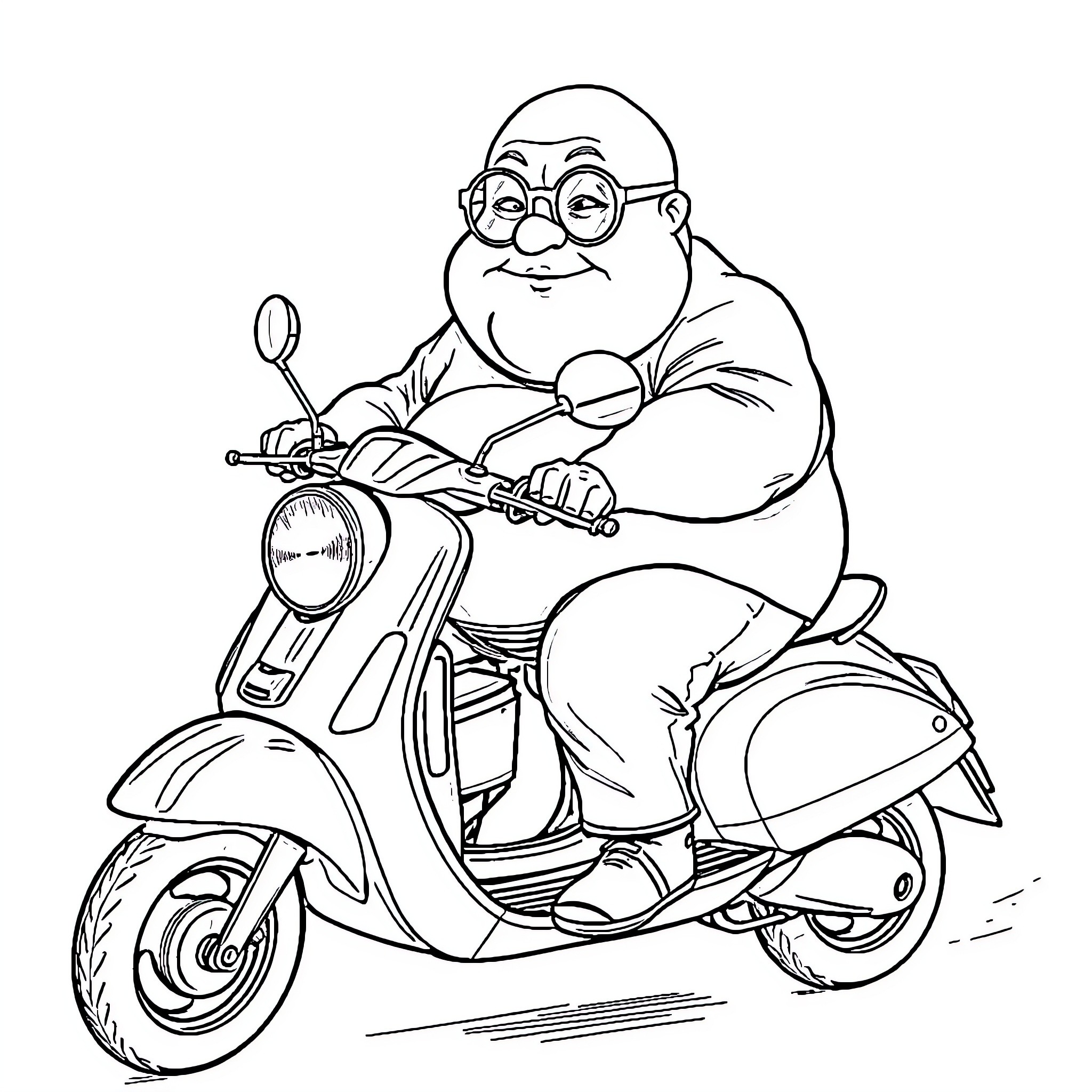 Man riding scooter with joy and enthusiasm Coloring Page (free black-and-white line drawing printable PDF for all, from beginners to advanced learners, including children, teens, adults, and seniors)