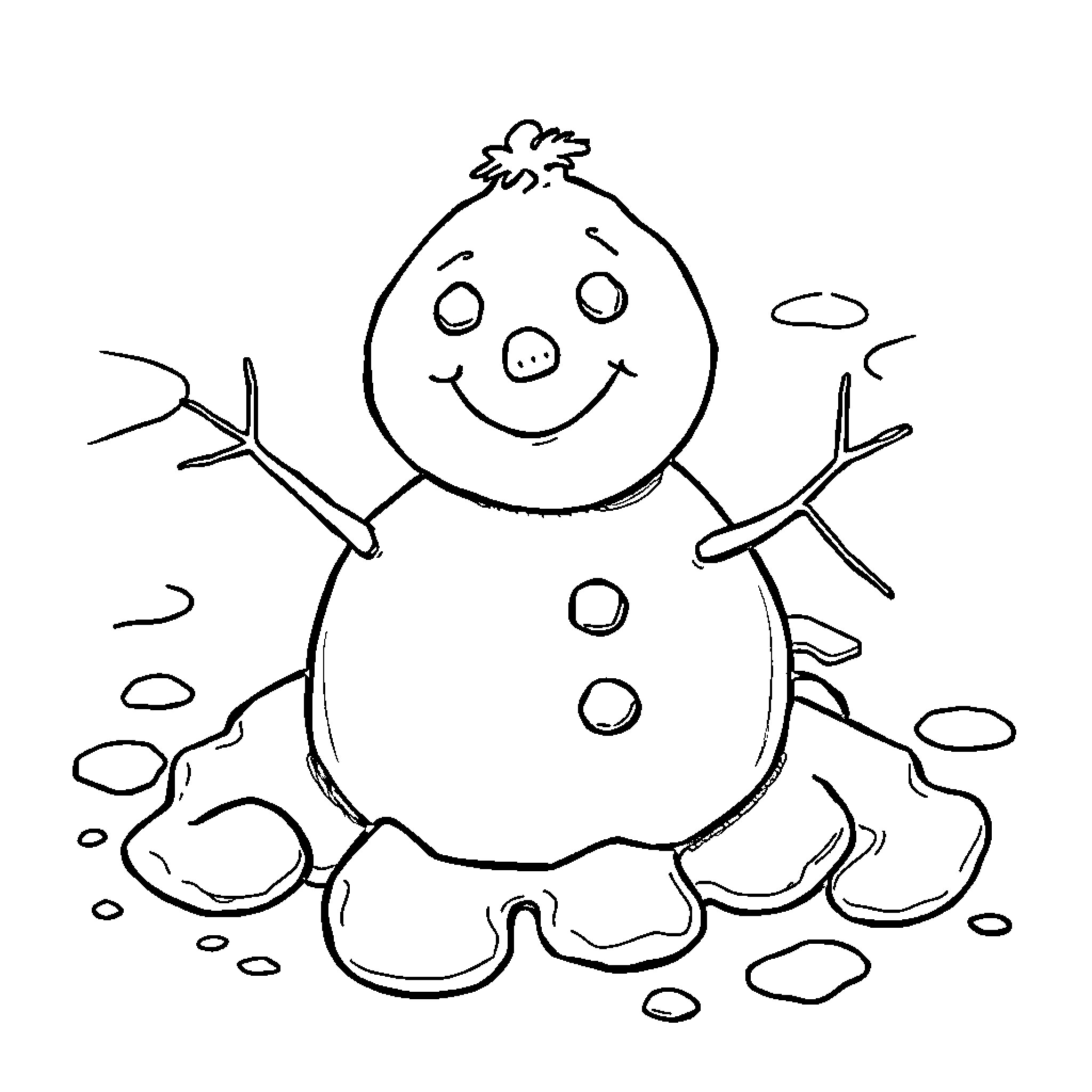 Snowman happily playing in the snow Coloring Page (free black-and-white line drawing printable PDF for all, from beginners to advanced learners, including children, teens, adults, and seniors)