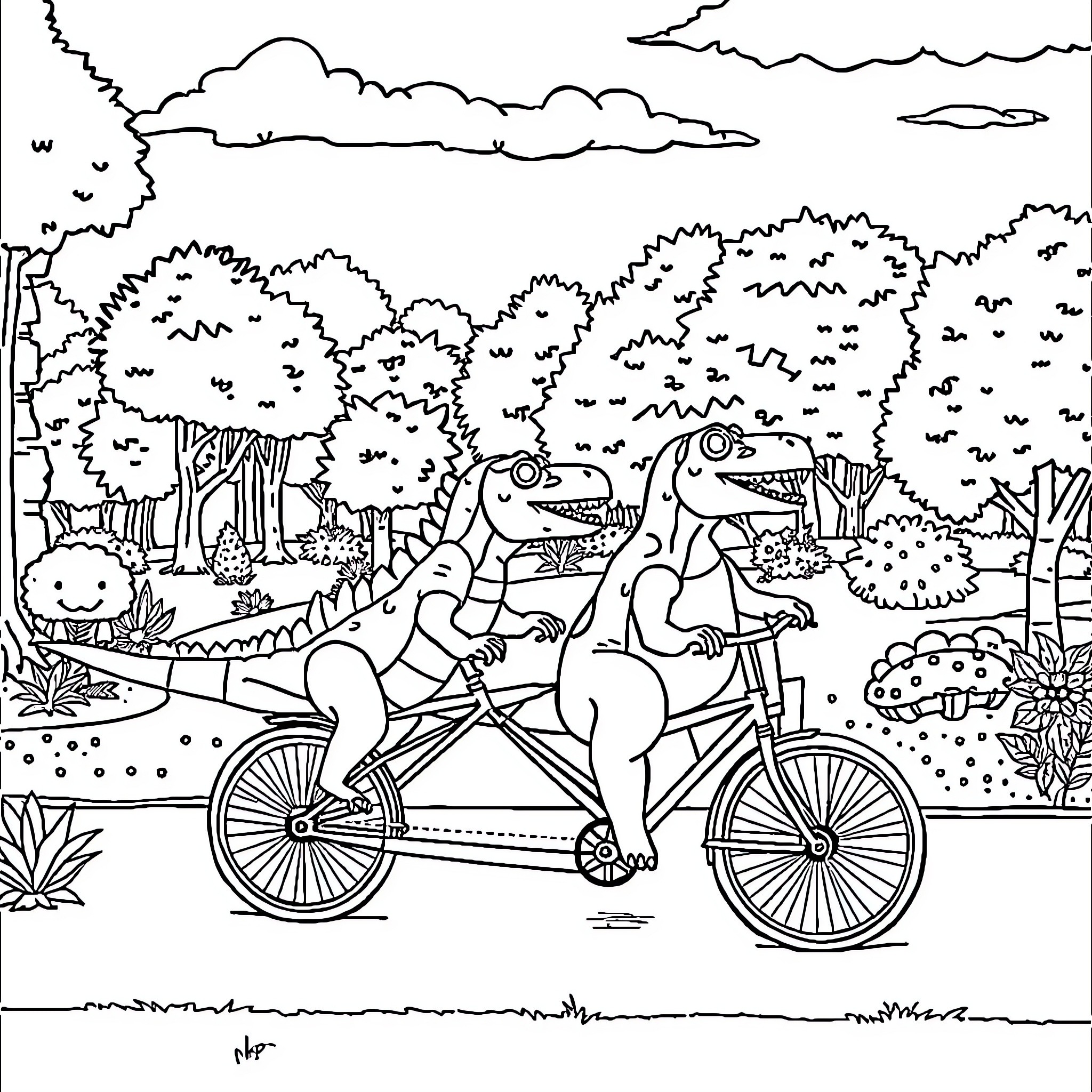 Dinosaurs riding a tandem bicycle in the forest Coloring Page (free black-and-white line drawing printable PDF for all, from beginners to advanced learners, including children, teens, adults, and seniors)