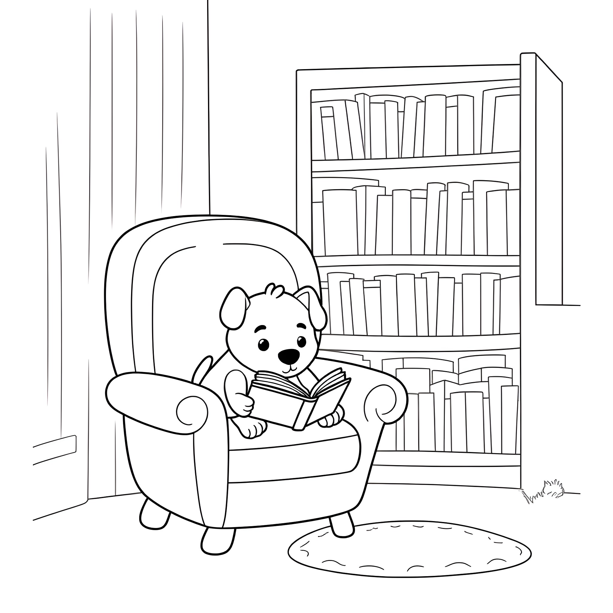 Bluey reading a book in a cozy library Coloring Page (free black-and-white line drawing printable PDF for all, from beginners to advanced learners, including children, teens, adults, and seniors)