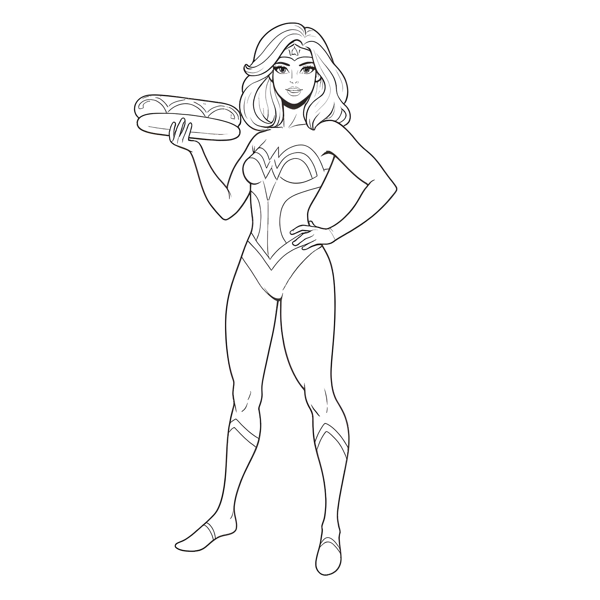 Wonder Woman in heroic pose with lasso Coloring Page (free black-and-white line drawing printable PDF for all, from beginners to advanced learners, including children, teens, adults, and seniors)