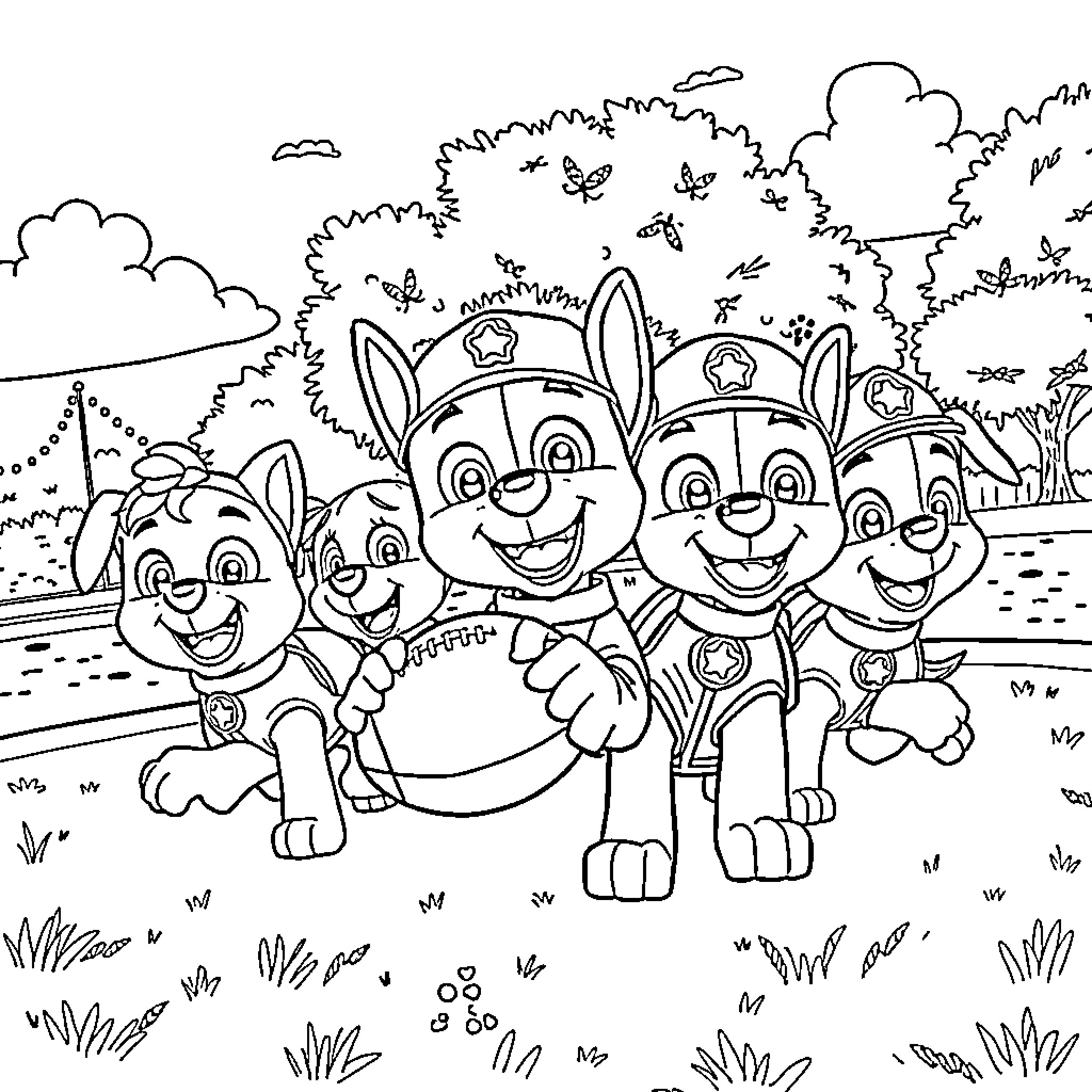 Paw Patrol characters on a coloring page adventure Coloring Page (free black-and-white line drawing printable PDF for all, from beginners to advanced learners, including children, teens, adults, and seniors)
