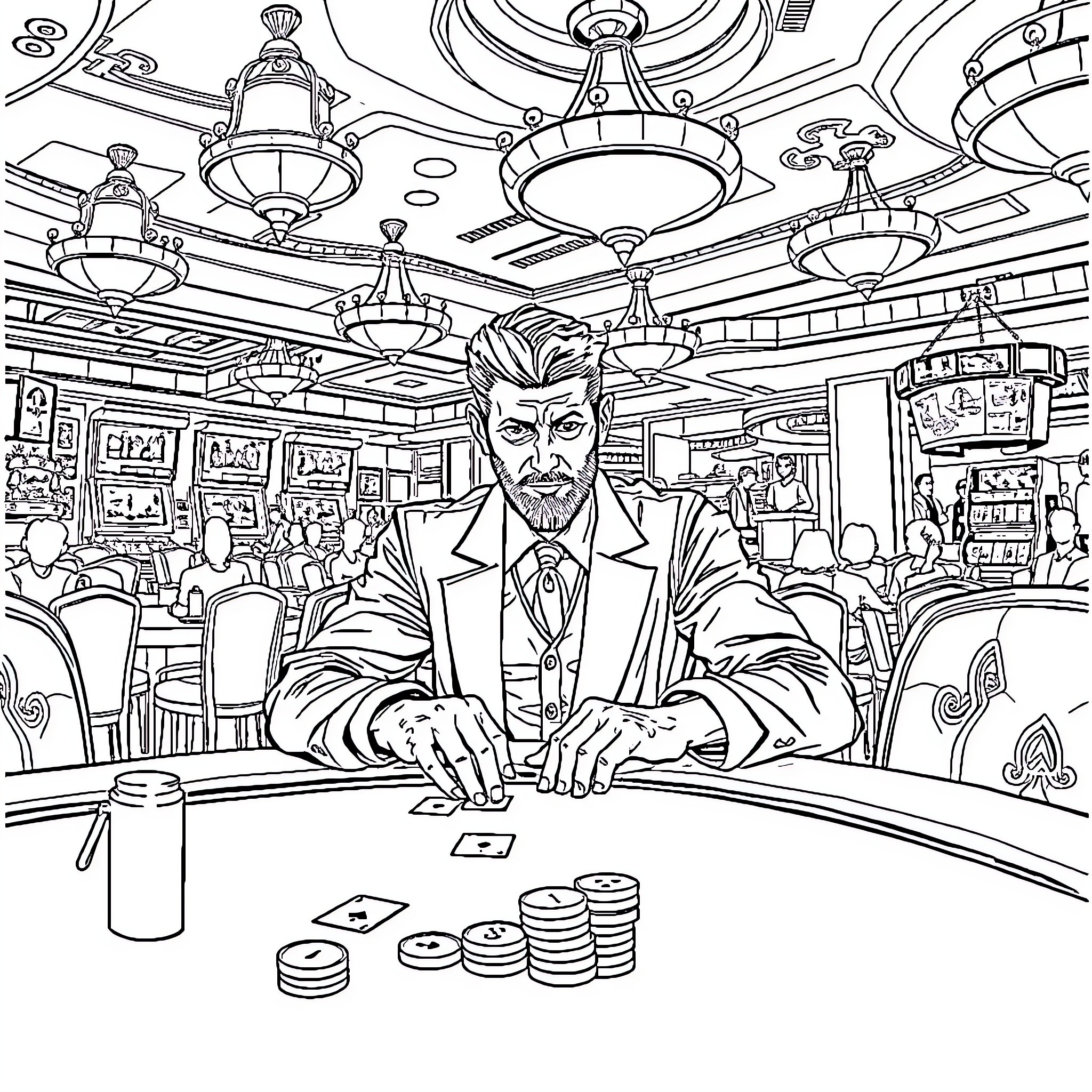 Trafalgar D. Water Law playing poker in an ornate casino Coloring Page (free black-and-white line drawing printable PDF for all, from beginners to advanced learners, including children, teens, adults, and seniors)