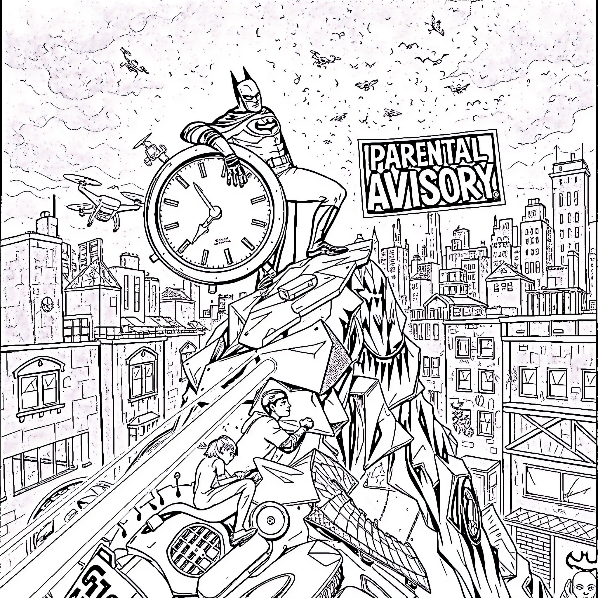 Batman confronting Parental Advisory on a perilous cityscape Coloring Page (free black-and-white line drawing printable PDF for all, from beginners to advanced learners, including children, teens, adults, and seniors)