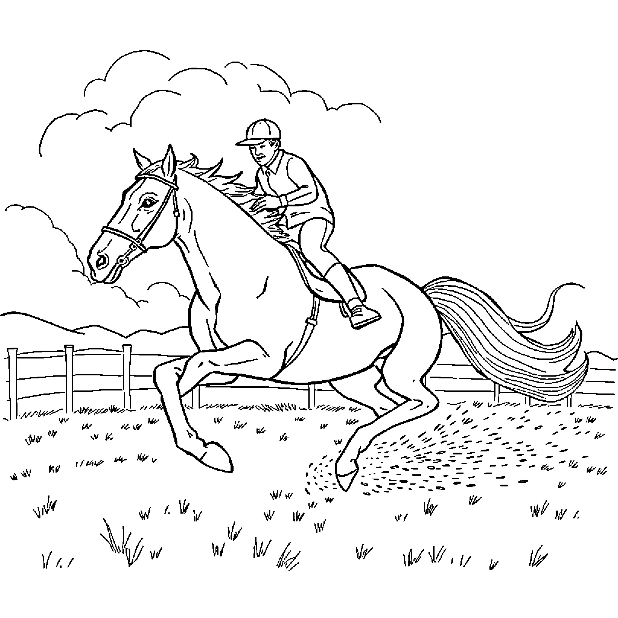 Chase through the countryside on horseback Coloring Page (free black-and-white line drawing printable PDF for all, from beginners to advanced learners, including children, teens, adults, and seniors)