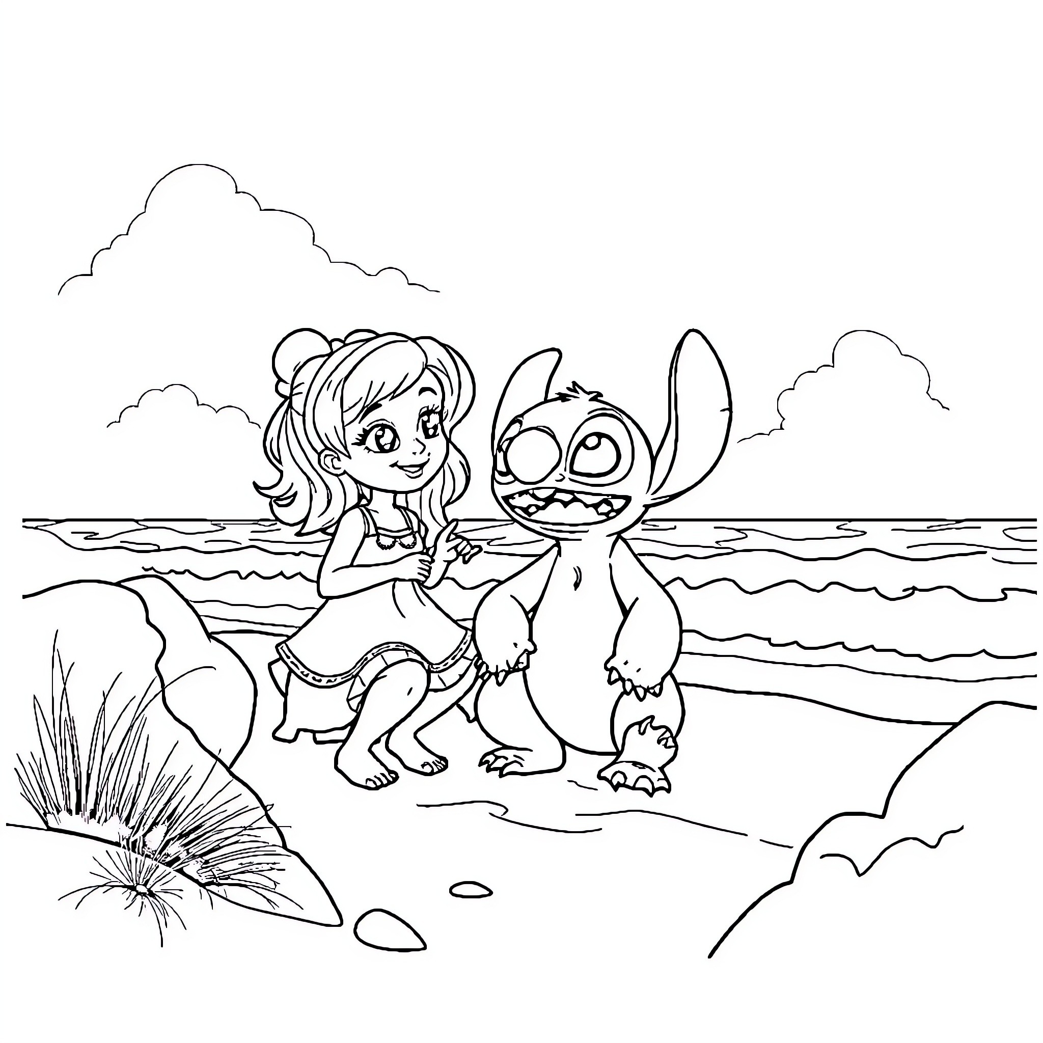 Gaby and Stitch playing on the beach Coloring Page (free black-and-white line drawing printable PDF for all, from beginners to advanced learners, including children, teens, adults, and seniors)