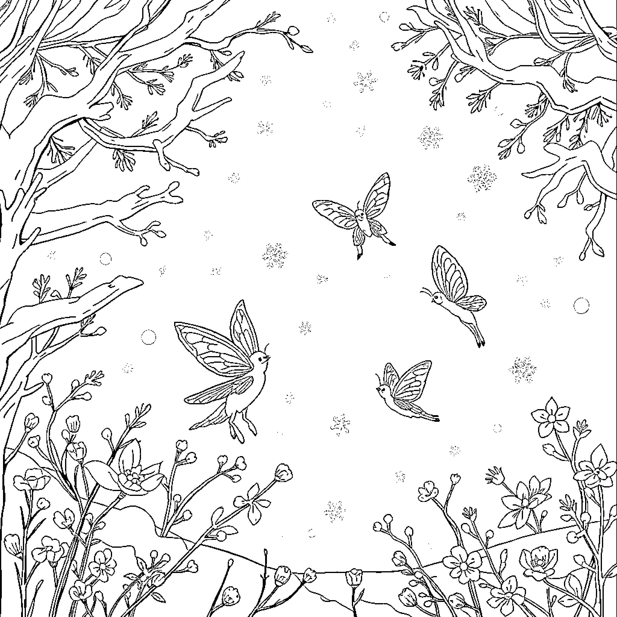 Fairy Butterflies Dancing Among Flowers Coloring Page (free black-and-white line drawing printable PDF for all, from beginners to advanced learners, including children, teens, adults, and seniors)