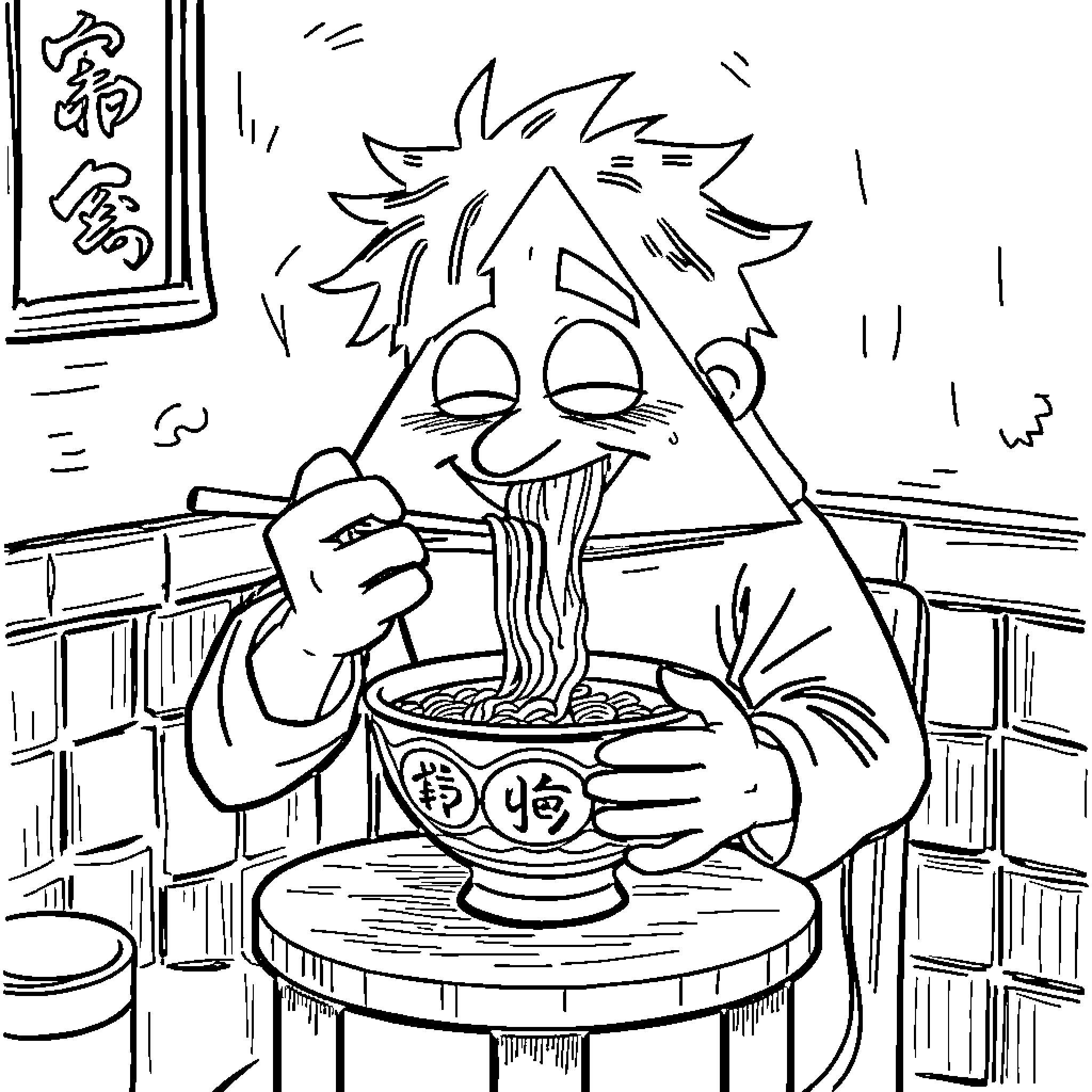 Bill Cipher eating noodles in a restaurant Coloring Page (free black-and-white line drawing printable PDF for all, from beginners to advanced learners, including children, teens, adults, and seniors)