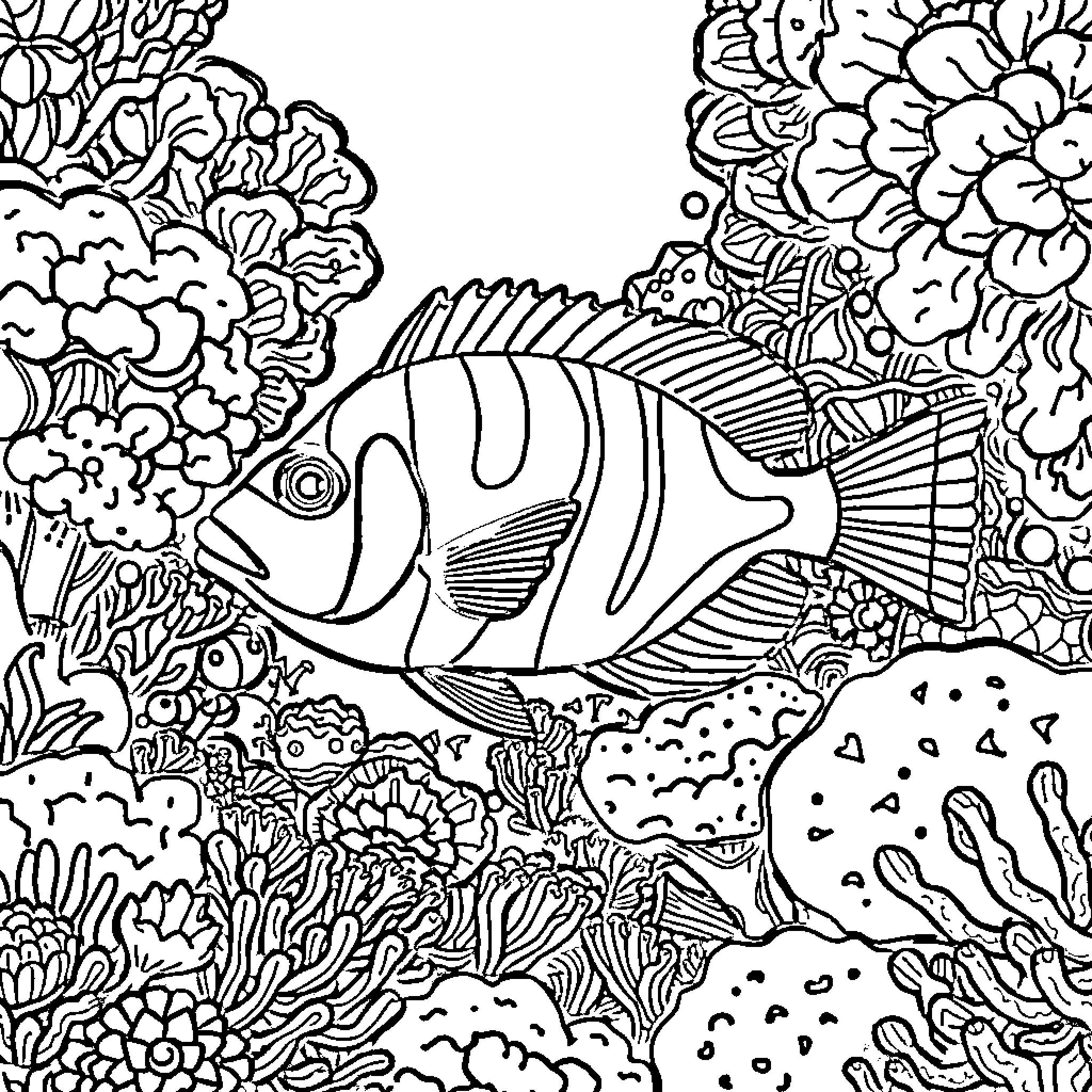 Trigger Fish swimming among intricate coral reef Coloring Page (free black-and-white line drawing printable PDF for all, from beginners to advanced learners, including children, teens, adults, and seniors)