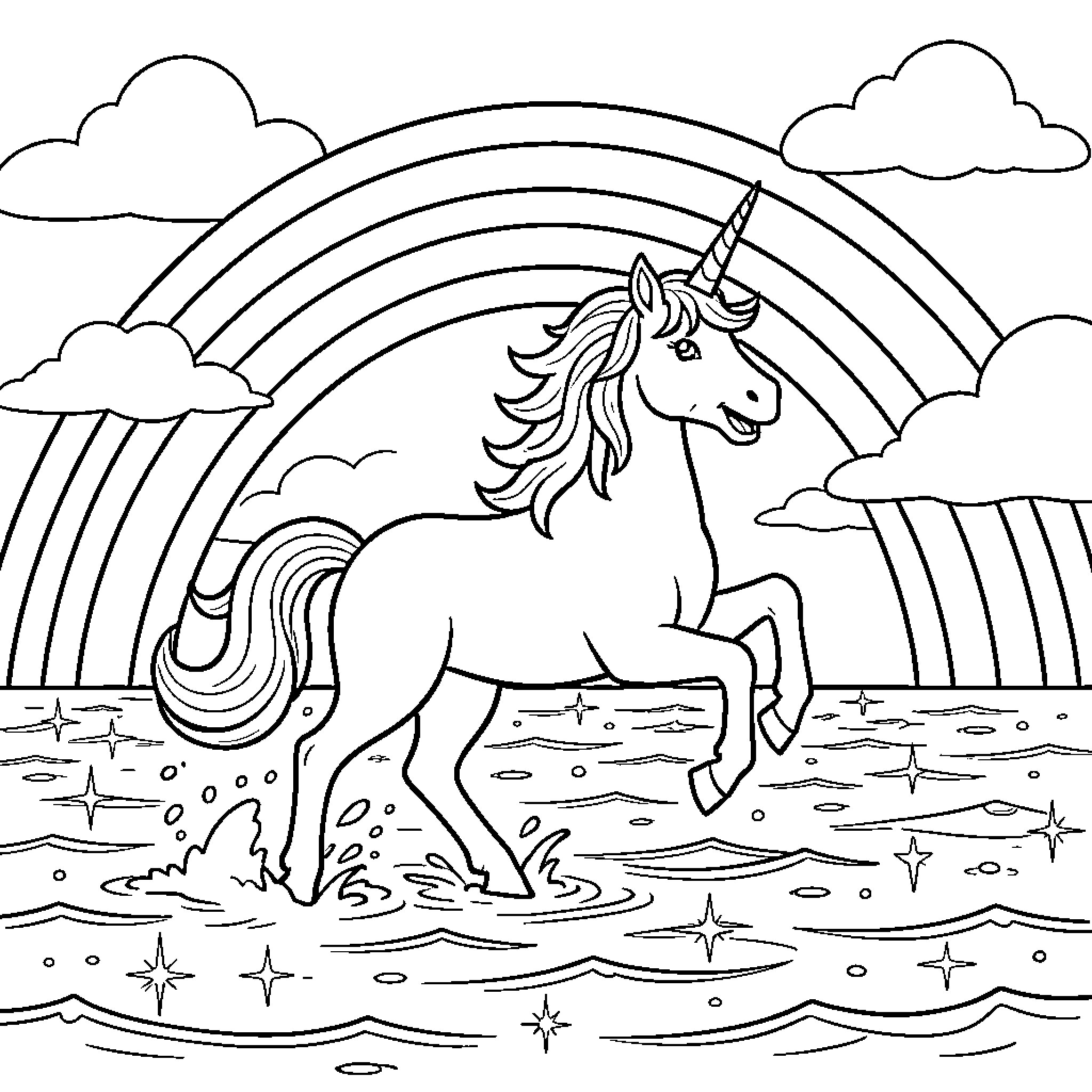 Unicorn galloping joyfully through water under a rainbow Coloring Page (free black-and-white line drawing printable PDF for all, from beginners to advanced learners, including children, teens, adults, and seniors)