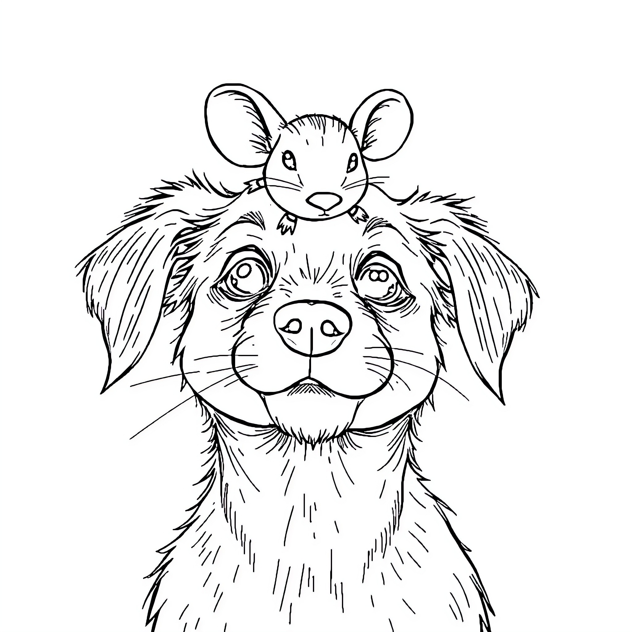 Dog happily sharing space with a mouse Coloring Page (free black-and-white line drawing printable PDF for all, from beginners to advanced learners, including children, teens, adults, and seniors)