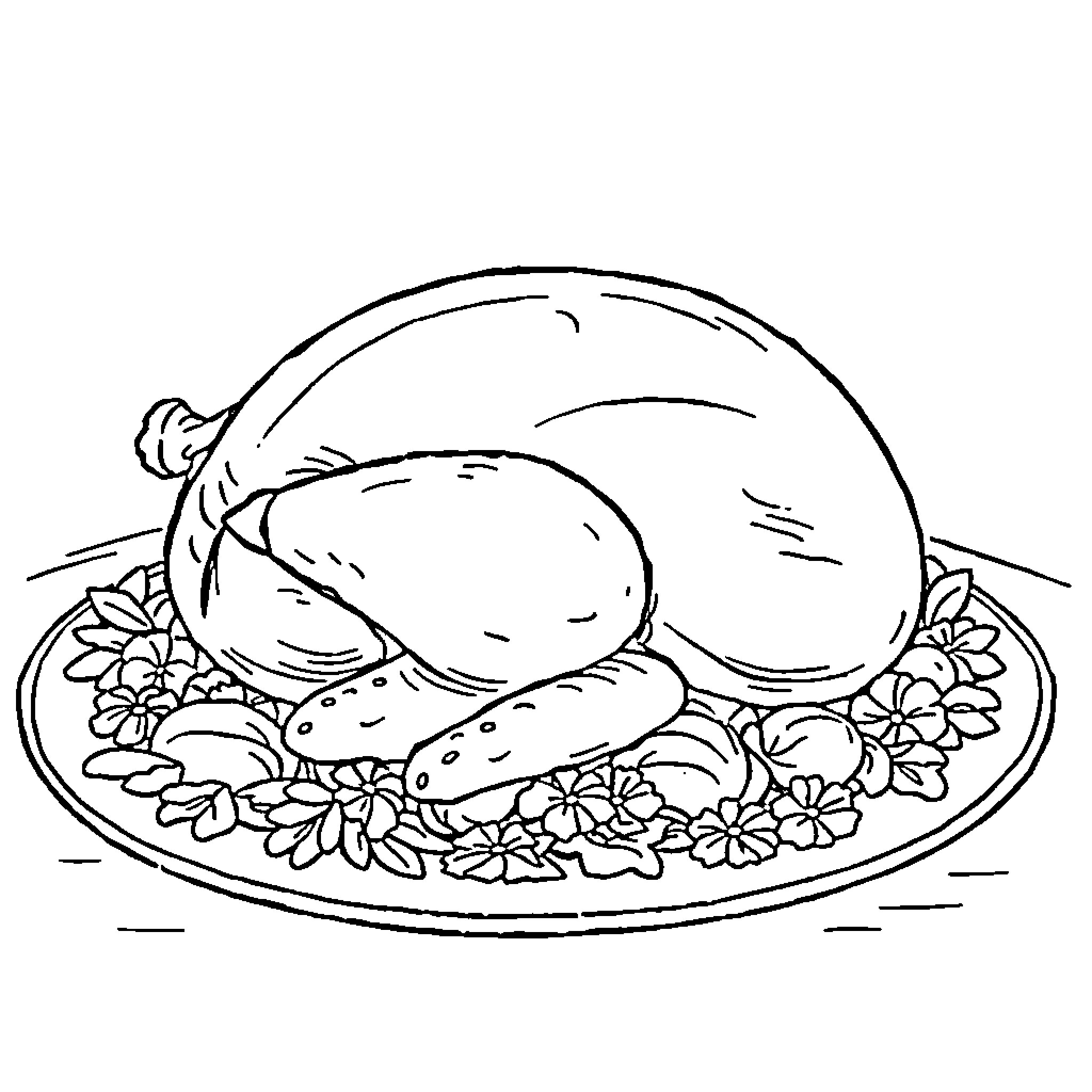 Turkey presented on a floral platter Coloring Page (free black-and-white line drawing printable PDF for all, from beginners to advanced learners, including children, teens, adults, and seniors)