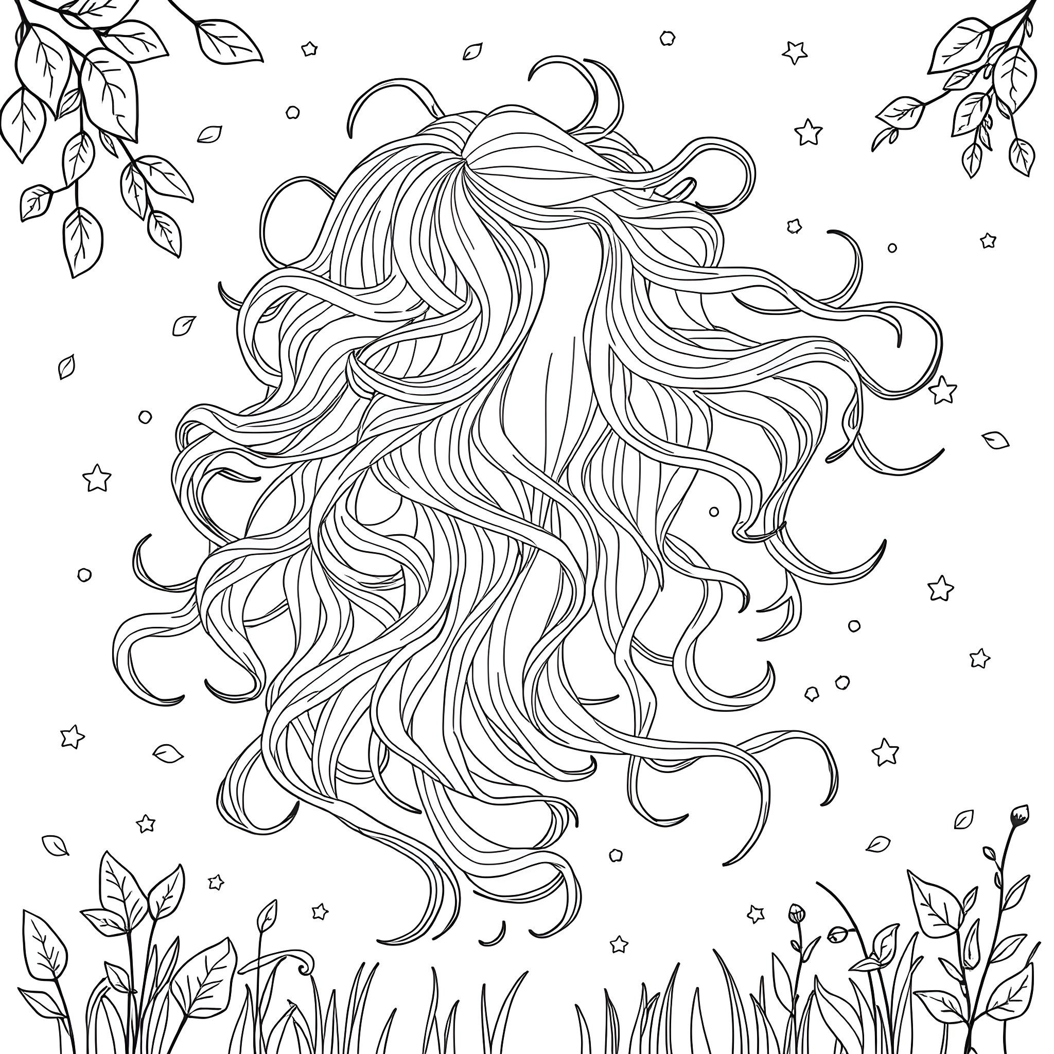 Hair flowing freely in the wind with nature elements Coloring Page (free black-and-white line drawing printable PDF for all, from beginners to advanced learners, including children, teens, adults, and seniors)