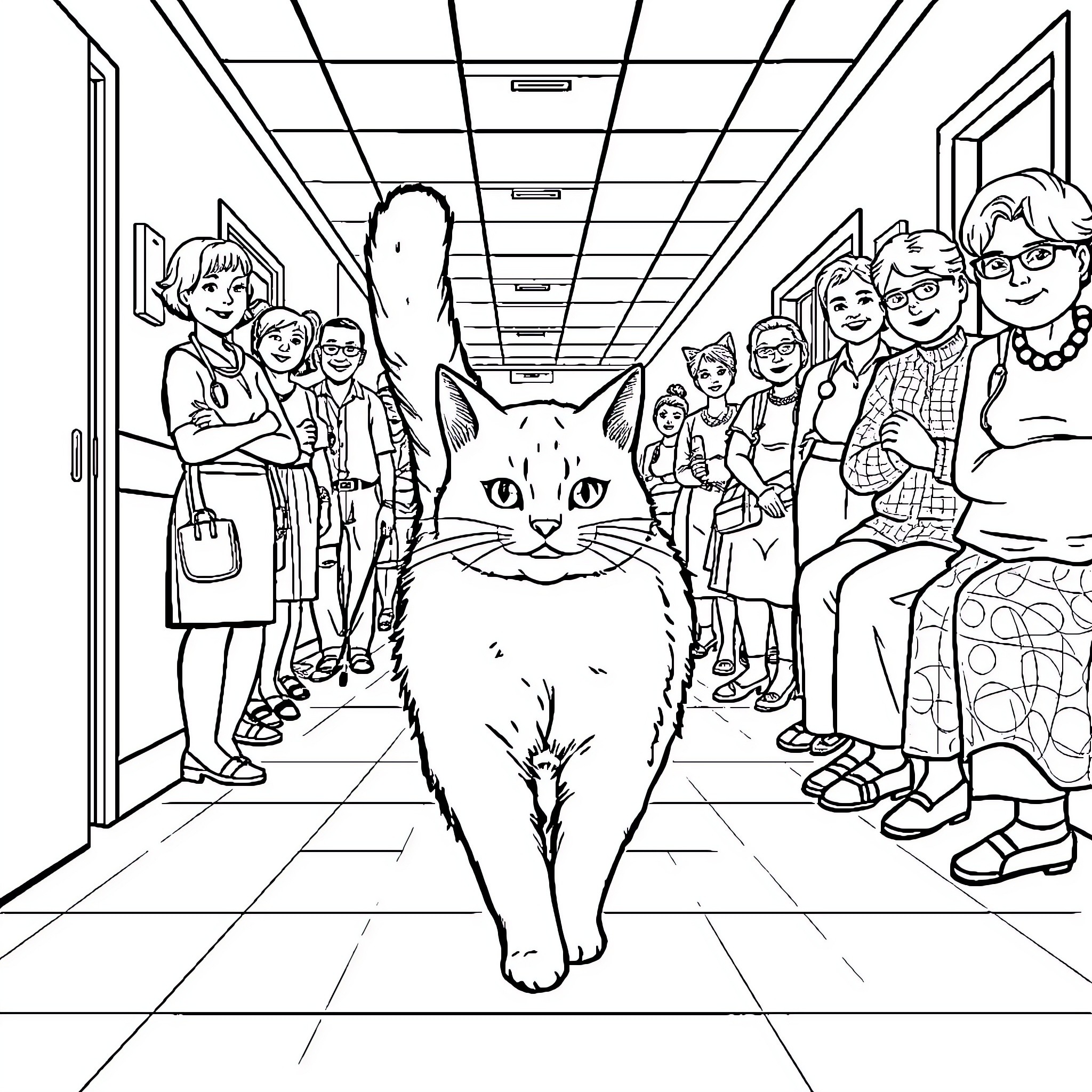 Cat in a Crowded School Hallway Coloring Page (free black-and-white line drawing printable PDF for all, from beginners to advanced learners, including children, teens, adults, and seniors)