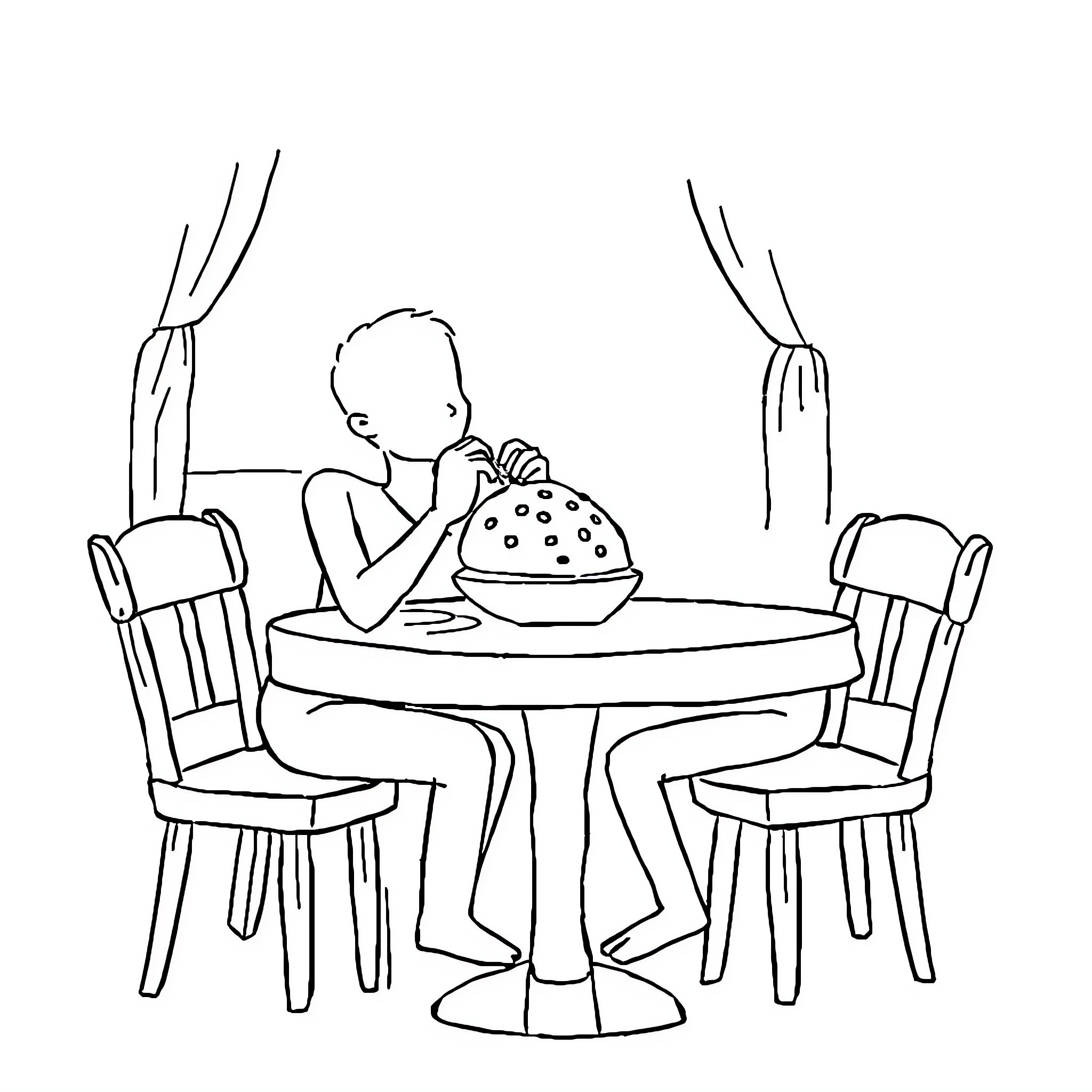 Bread enthusiast enjoys a meal at the table Coloring Page (free black-and-white line drawing printable PDF for all, from beginners to advanced learners, including children, teens, adults, and seniors)