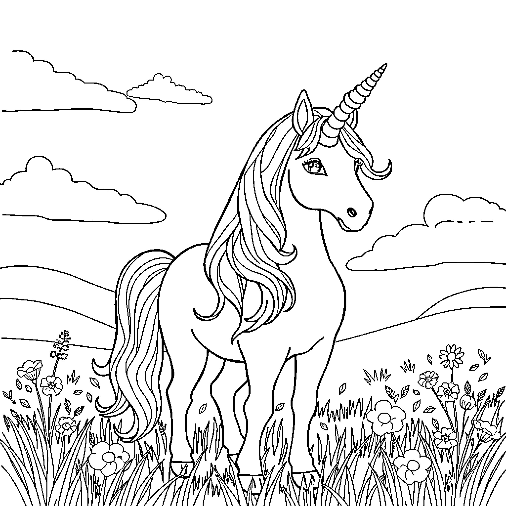 Unicorn standing majestically in a grassy field Coloring Page (free black-and-white line drawing printable PDF for all, from beginners to advanced learners, including children, teens, adults, and seniors)