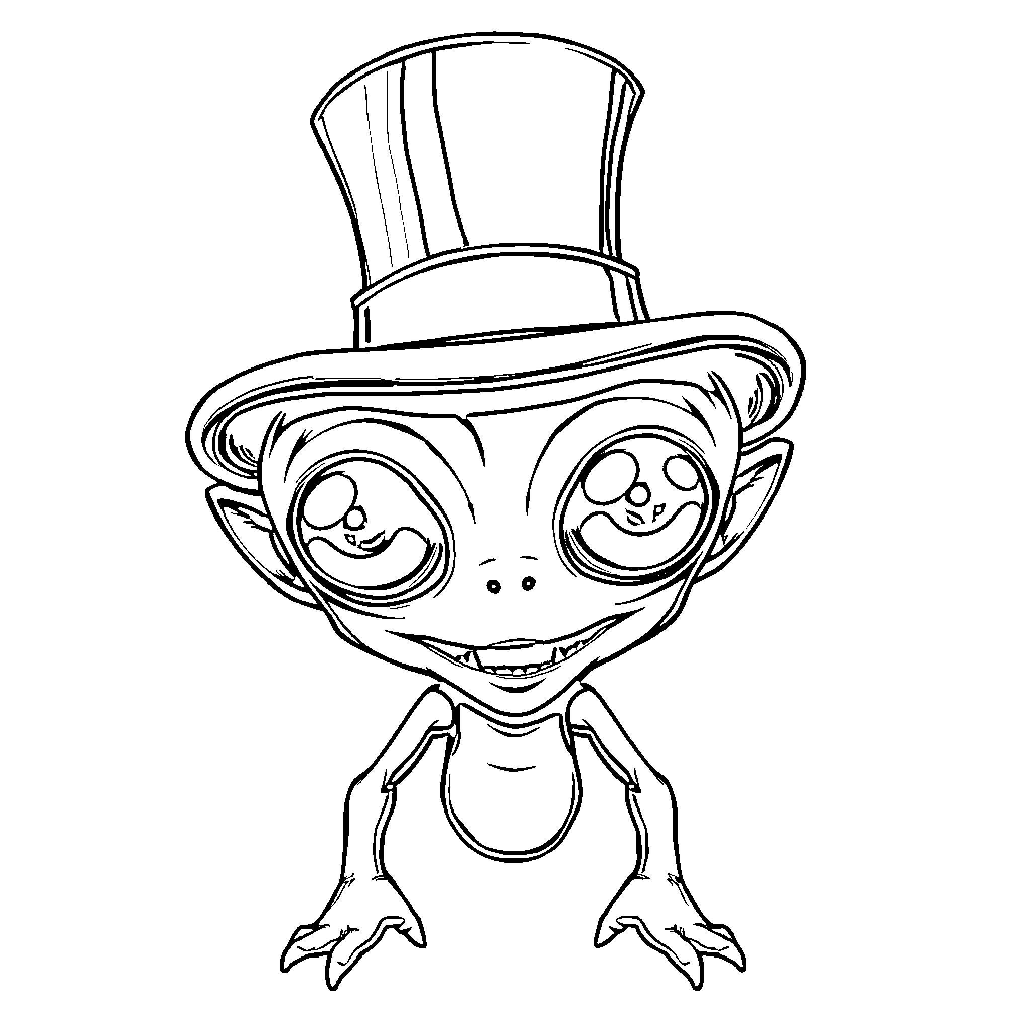 Alien Creature in Formal Attire Coloring Page (free black-and-white line drawing printable PDF for all, from beginners to advanced learners, including children, teens, adults, and seniors)