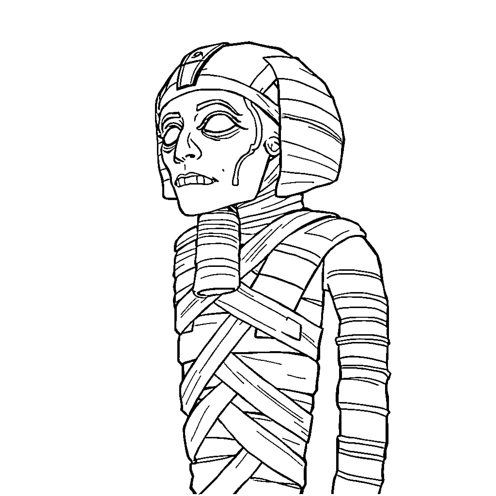 Mummy wrapped in bandages with expression of distress Coloring Page (free black-and-white line drawing printable PDF for all, from beginners to advanced learners, including children, teens, adults, and seniors)