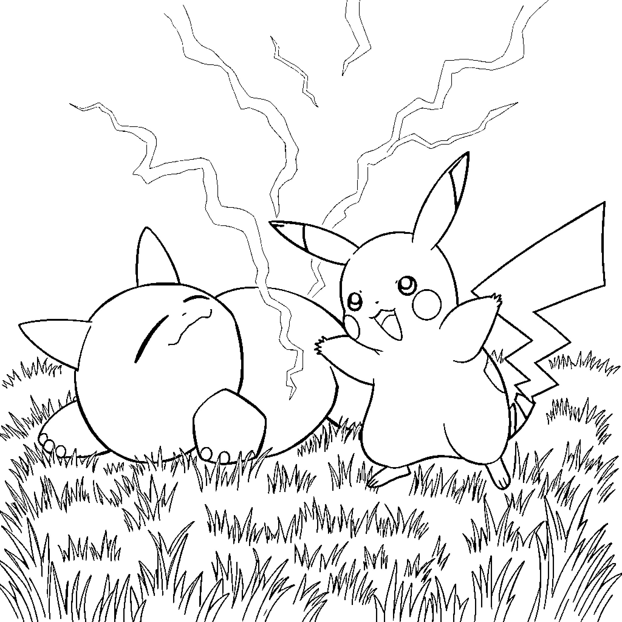 Pikachu and Raichu playing in the grass Coloring Page (free black-and-white line drawing printable PDF for all, from beginners to advanced learners, including children, teens, adults, and seniors)