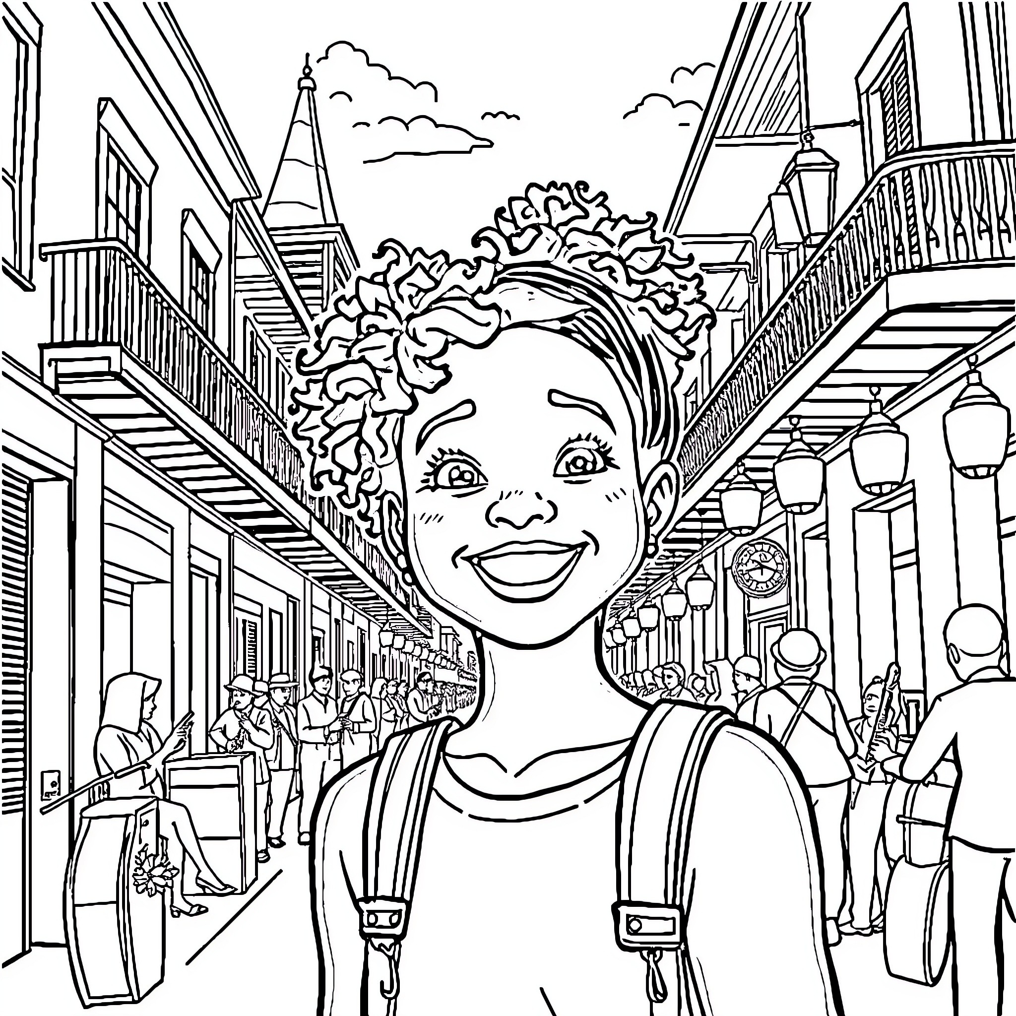 Girl exploring the bustling city streets Coloring Page (free black-and-white line drawing printable PDF for all, from beginners to advanced learners, including children, teens, adults, and seniors)