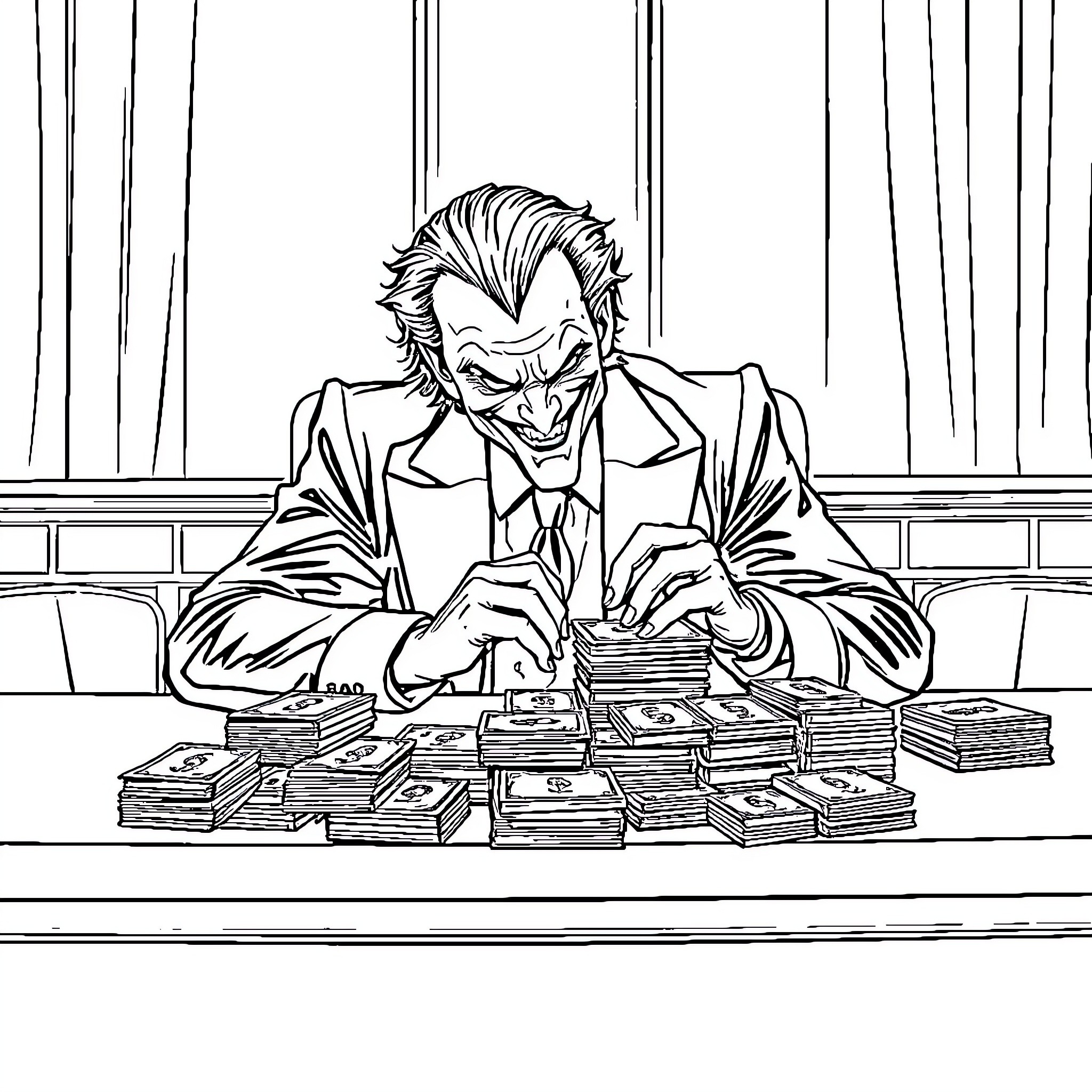 Joker counting stacks of money in office Coloring Page (free black-and-white line drawing printable PDF for all, from beginners to advanced learners, including children, teens, adults, and seniors)