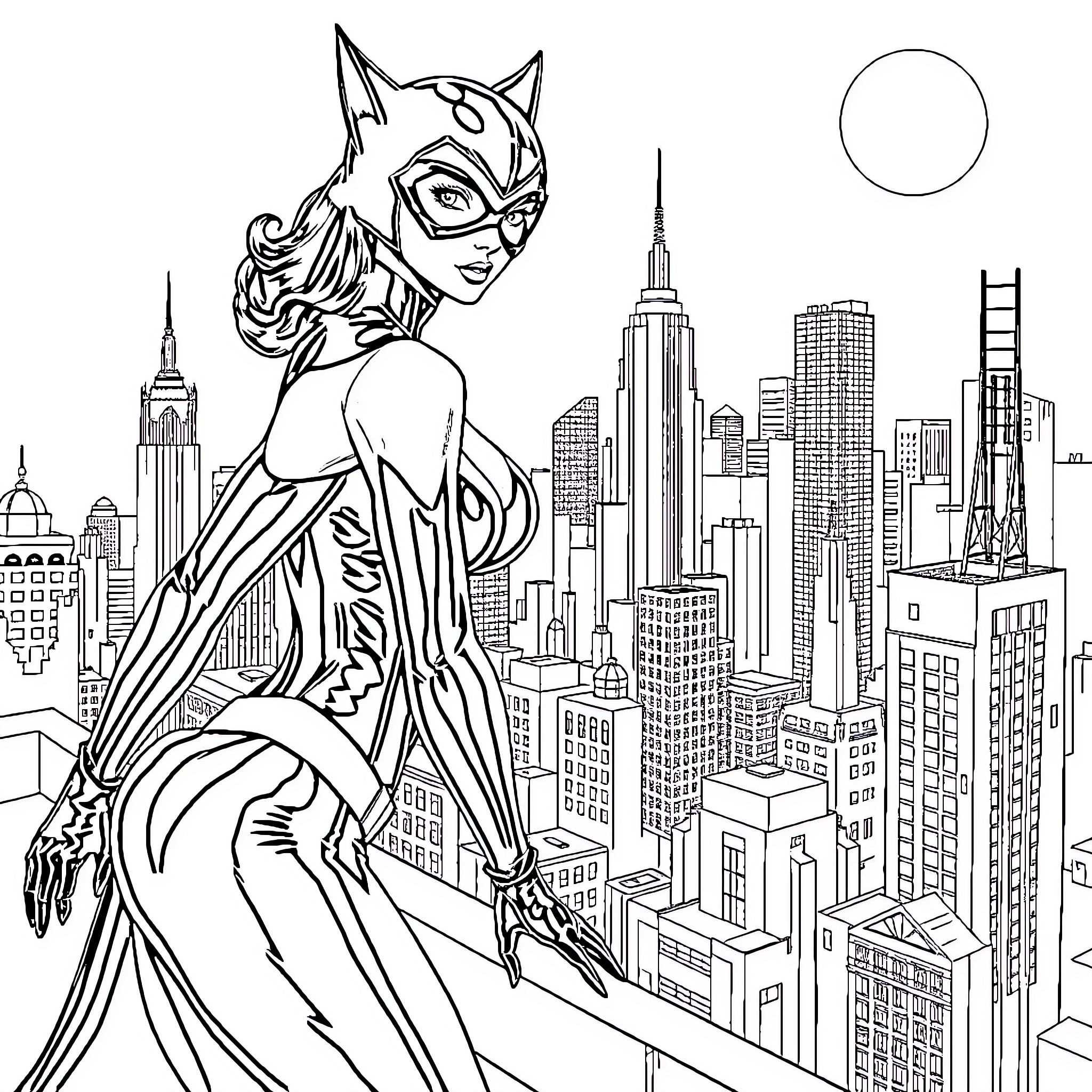 Cat Woman overlooking the cityscape in a stylized pose Coloring Page (free black-and-white line drawing printable PDF for all, from beginners to advanced learners, including children, teens, adults, and seniors)