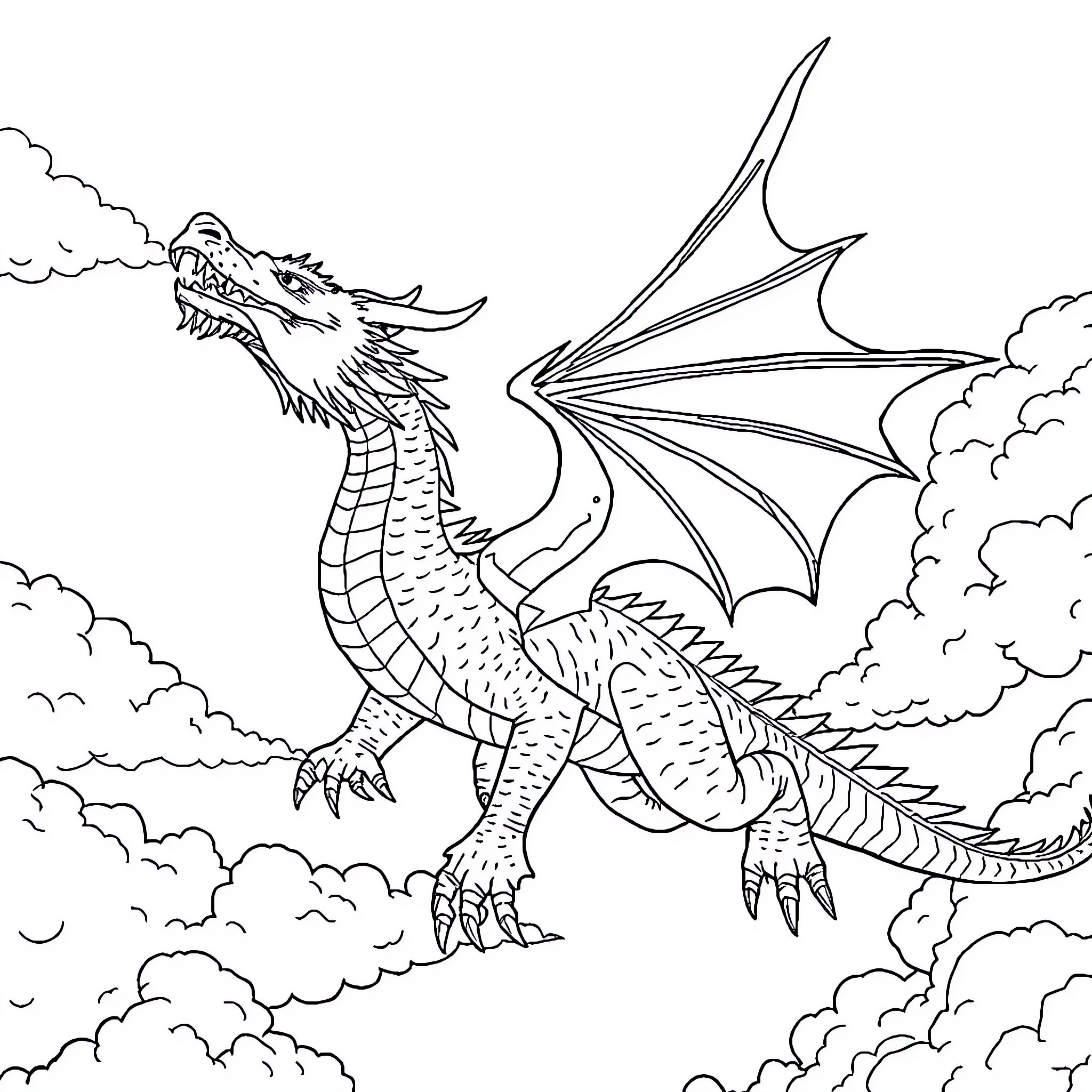 Dragon soaring through a cloudy sky Coloring Page (free black-and-white line drawing printable PDF for all, from beginners to advanced learners, including children, teens, adults, and seniors)