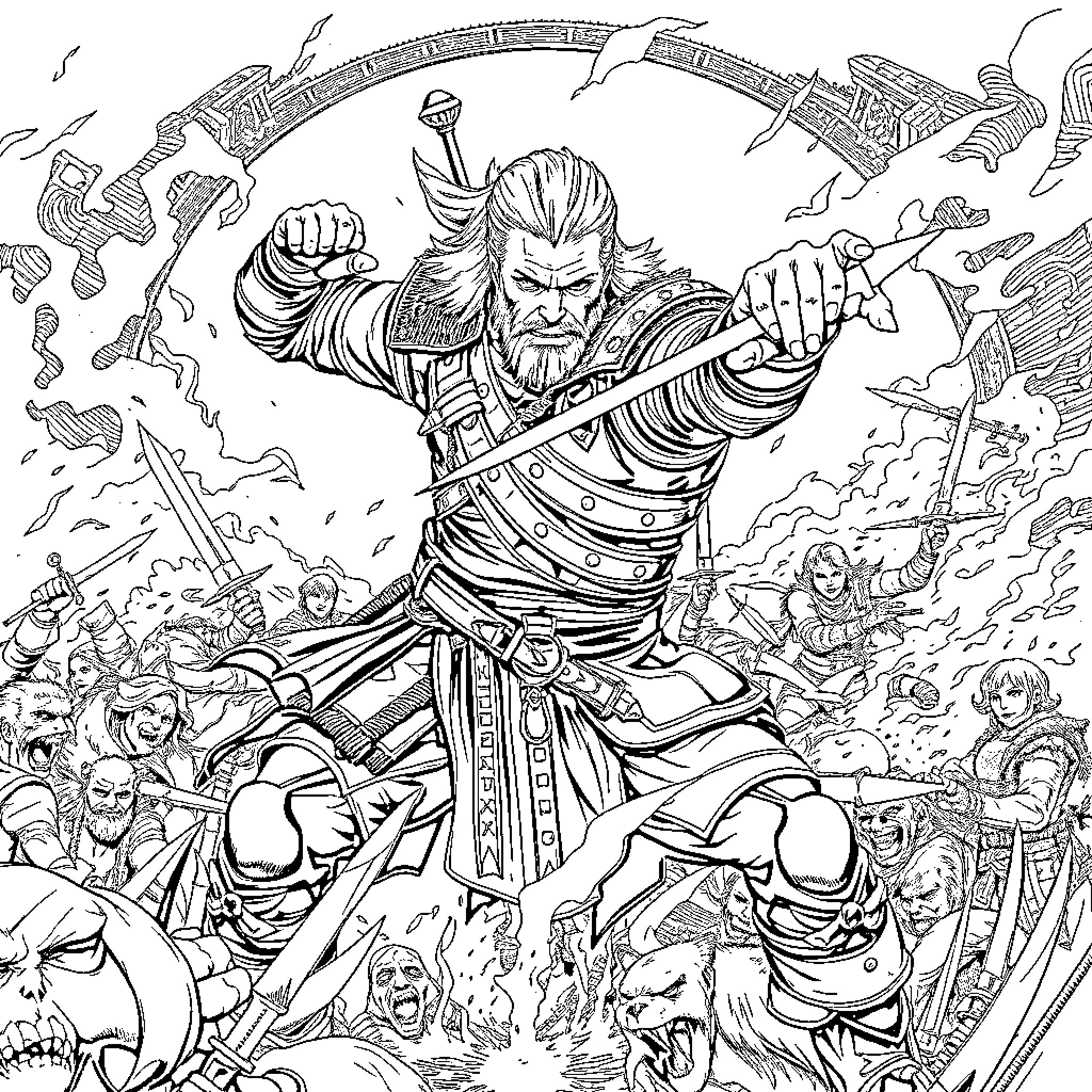 Witcher warrior battles through chaotic battlefield Coloring Page (free black-and-white line drawing printable PDF for all, from beginners to advanced learners, including children, teens, adults, and seniors)