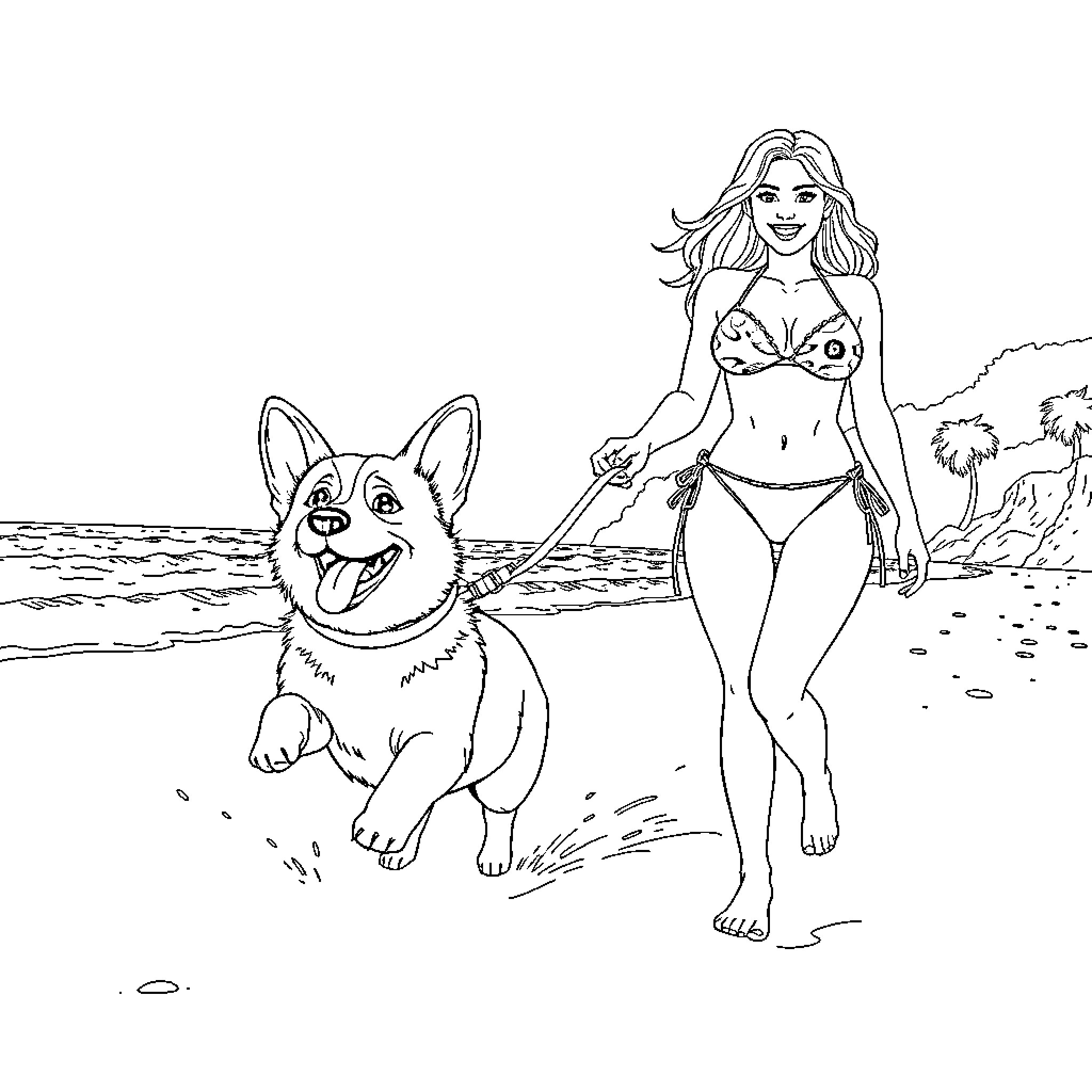 Corgi frolicking with woman on the beach Coloring Page (free black-and-white line drawing printable PDF for all, from beginners to advanced learners, including children, teens, adults, and seniors)